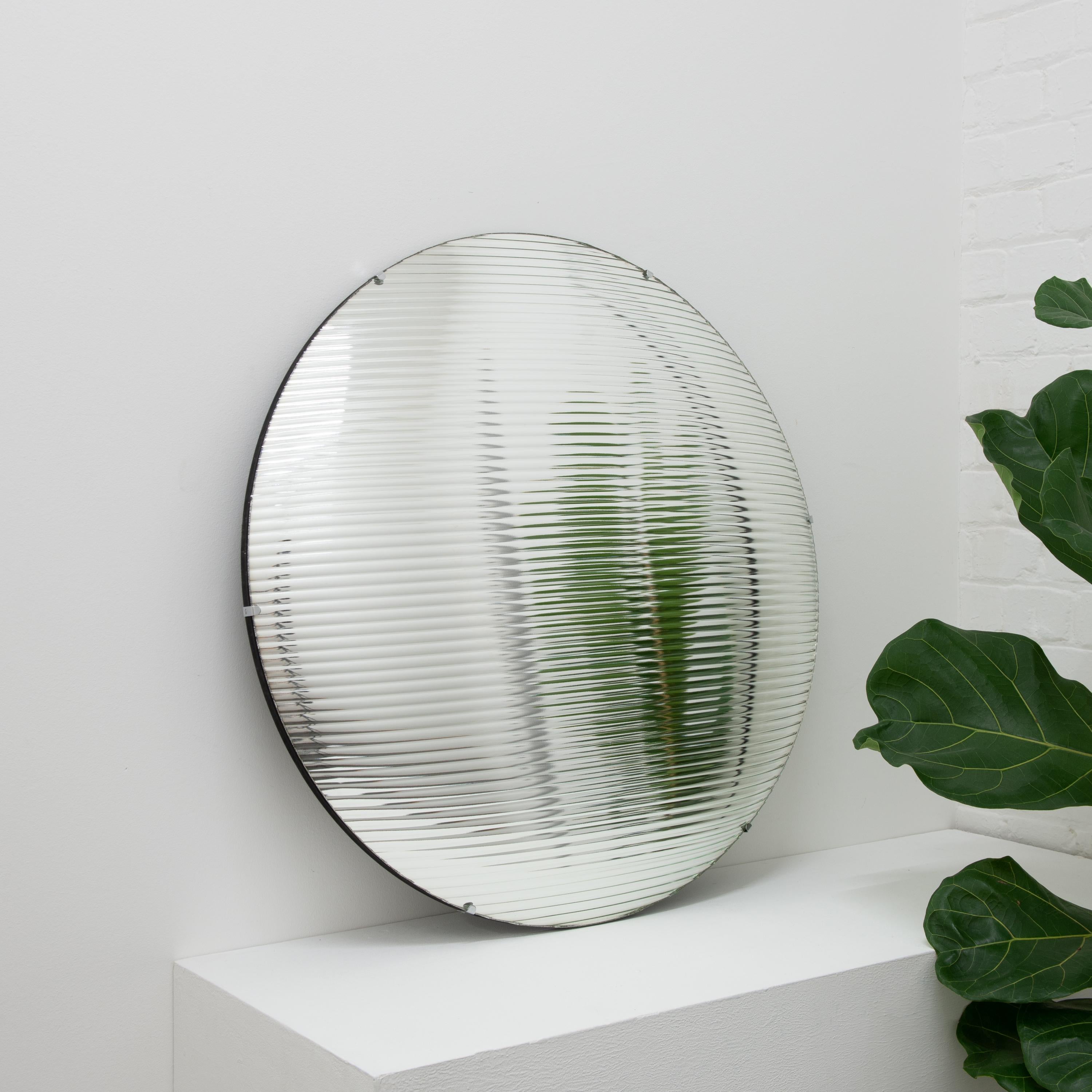 Contemporary In Stock Orbis Convex Reeded Glass Handcrafted Frameless Mirror with Clips For Sale