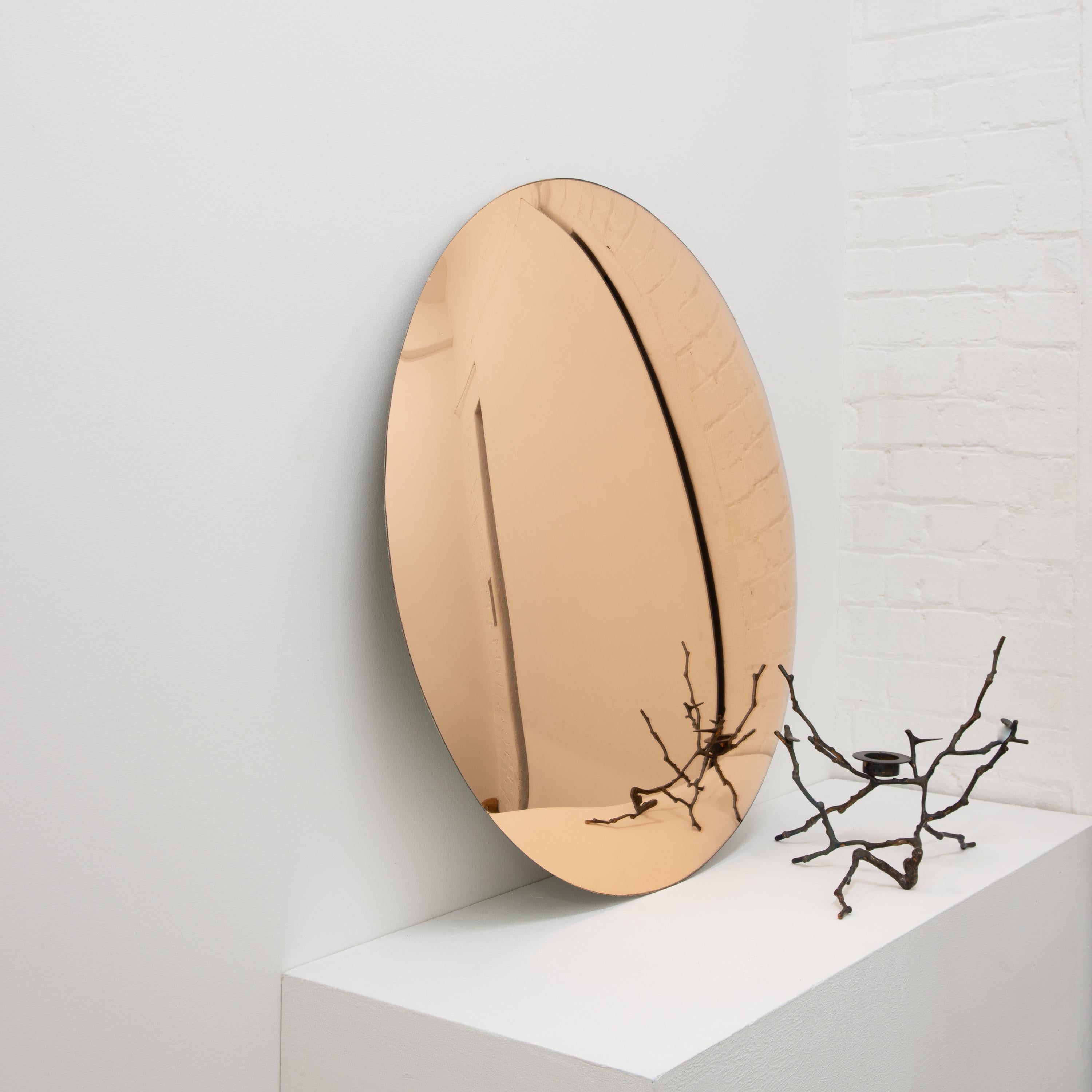 Organic Modern Orbis Convex Rose Gold Handcrafted Frameless Round Mirror w Brass Clips, Large