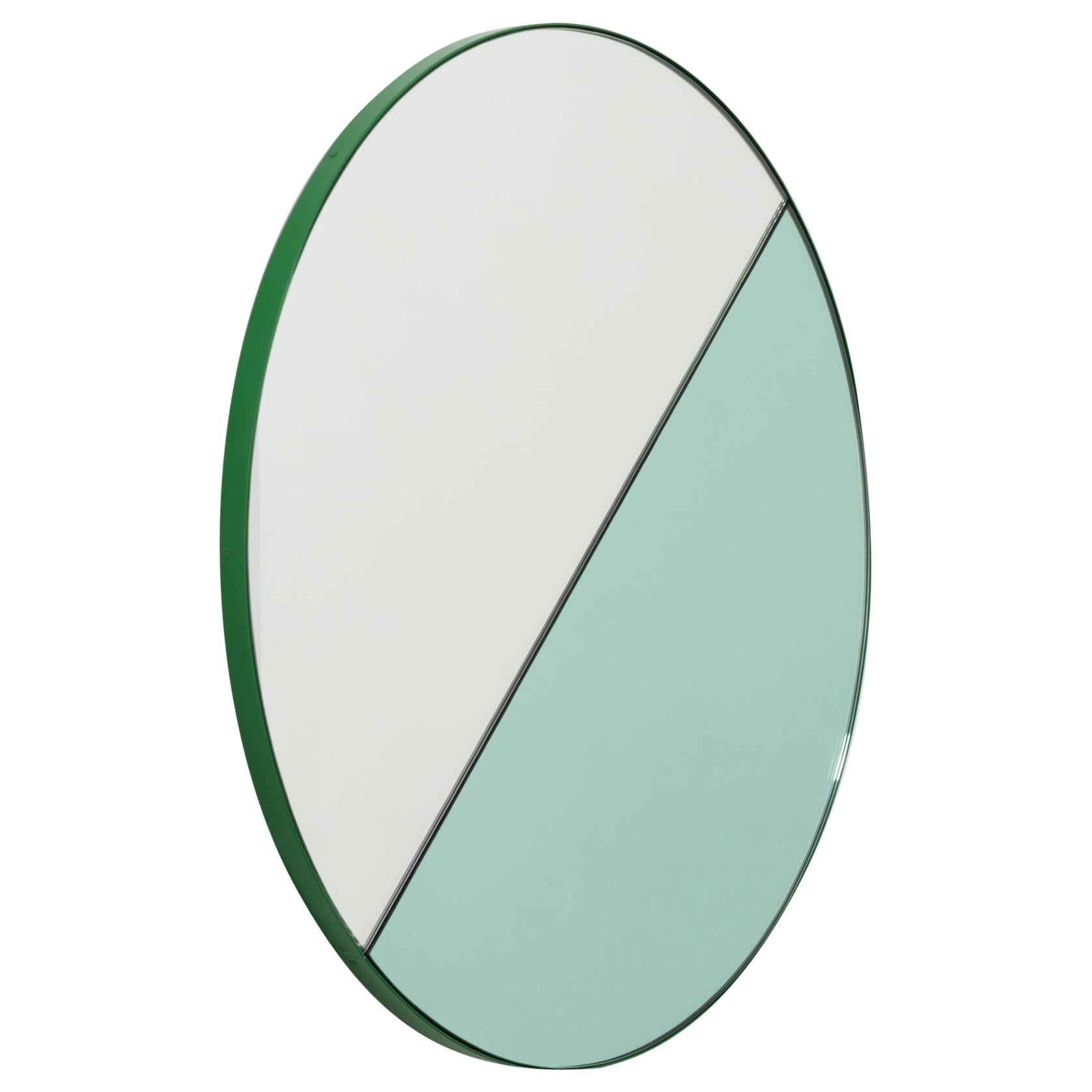 Orbis Dualis Mixed 'Green + Silver' Round Mirror with Green Frame, Medium