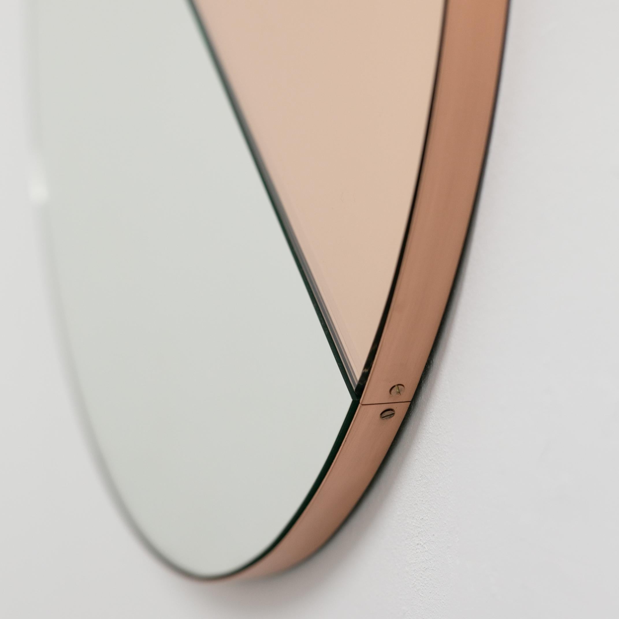 Brushed Orbis Dualis Mixed Rose Gold Tint Round Modern Mirror Copper Frame, XL For Sale