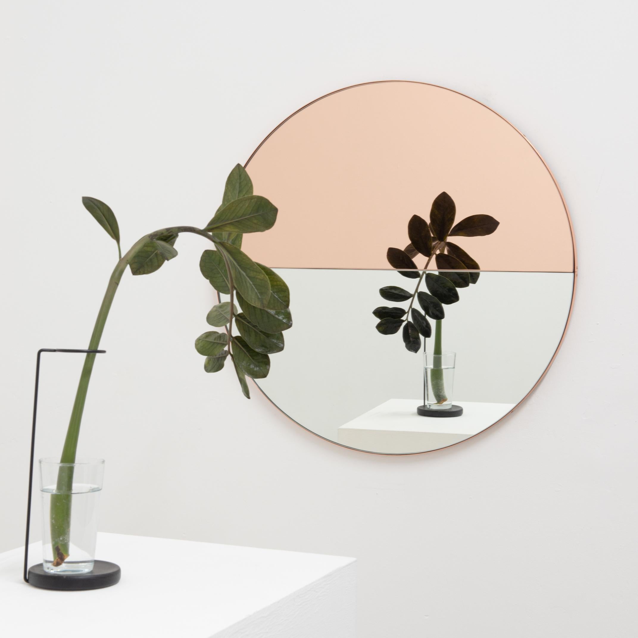 XXIe siècle et contemporain Miroir moderne rond Orbis Dualis teinté or rose mélangé avec cadre en cuivre, XL en vente
