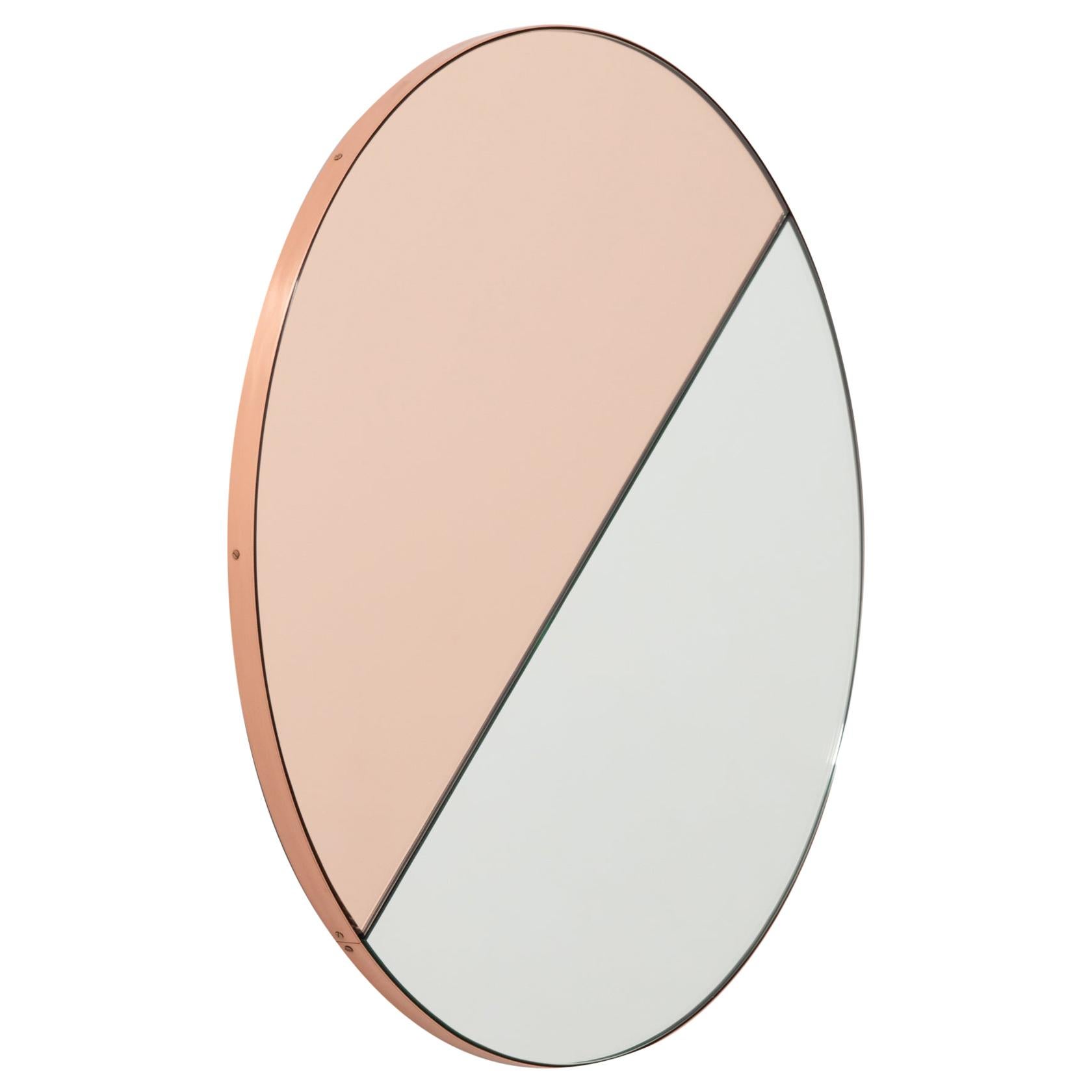 Miroir moderne rond Orbis Dualis teinté or rose mélangé avec cadre en cuivre, XL en vente