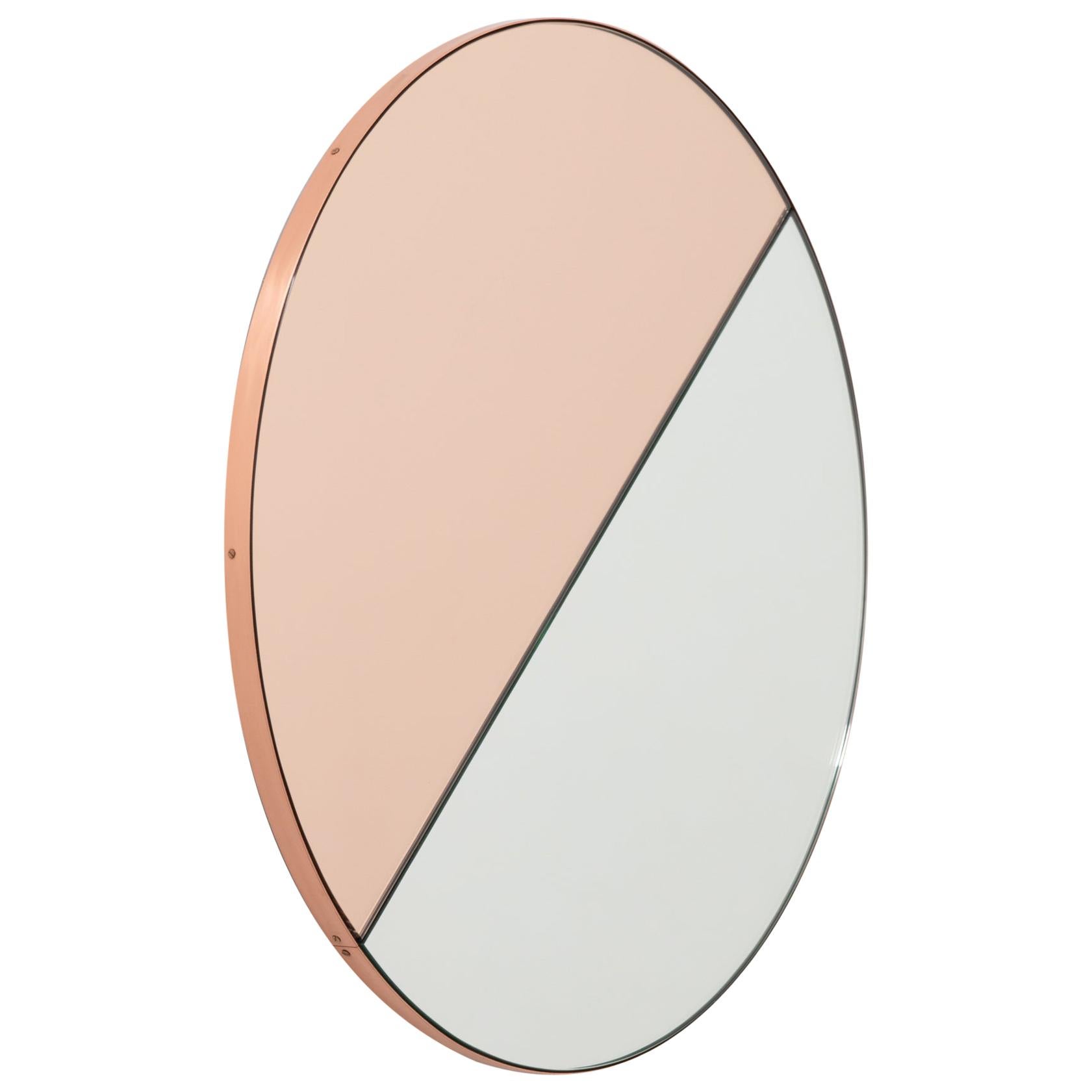 Grand miroir rond Orbis Dualis en or rose mélangé et argent avec cadre en cuivre