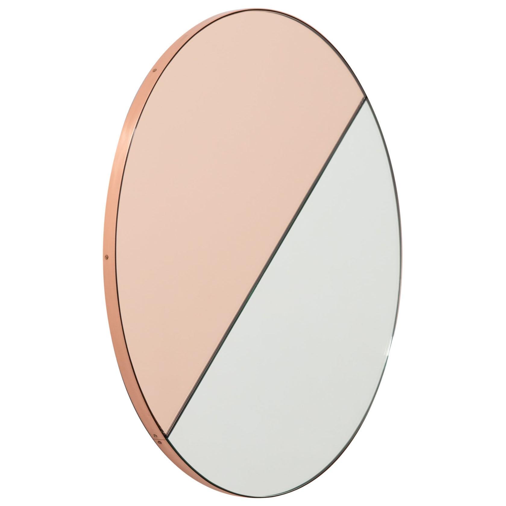 Orbis Dualis Miroir rond contemporain teinté d'or rose mixte, cadre cuivre, petit