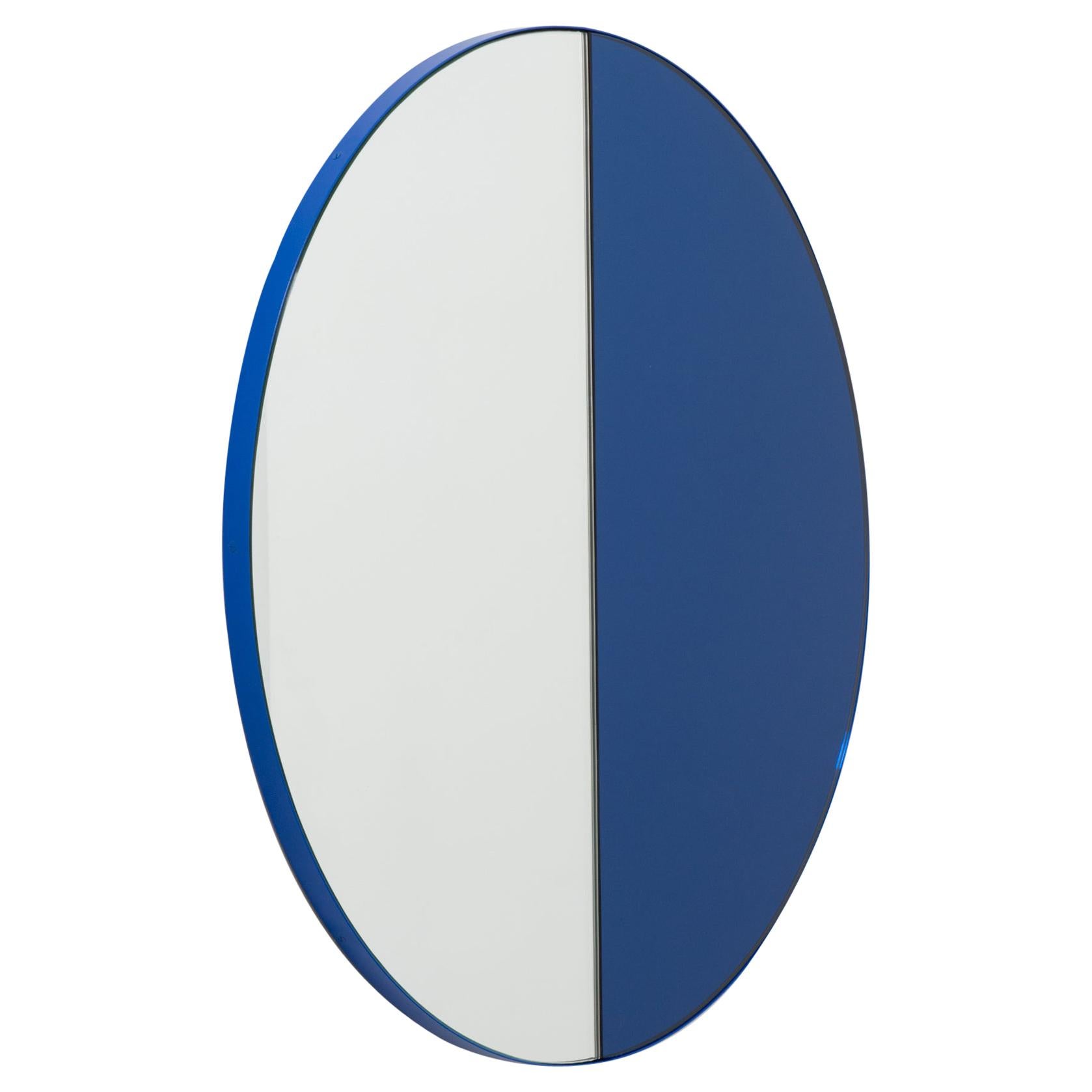 Orbis Dualis Mixed Blue Tinted Modern Round Mirror with Blue Frame, XL