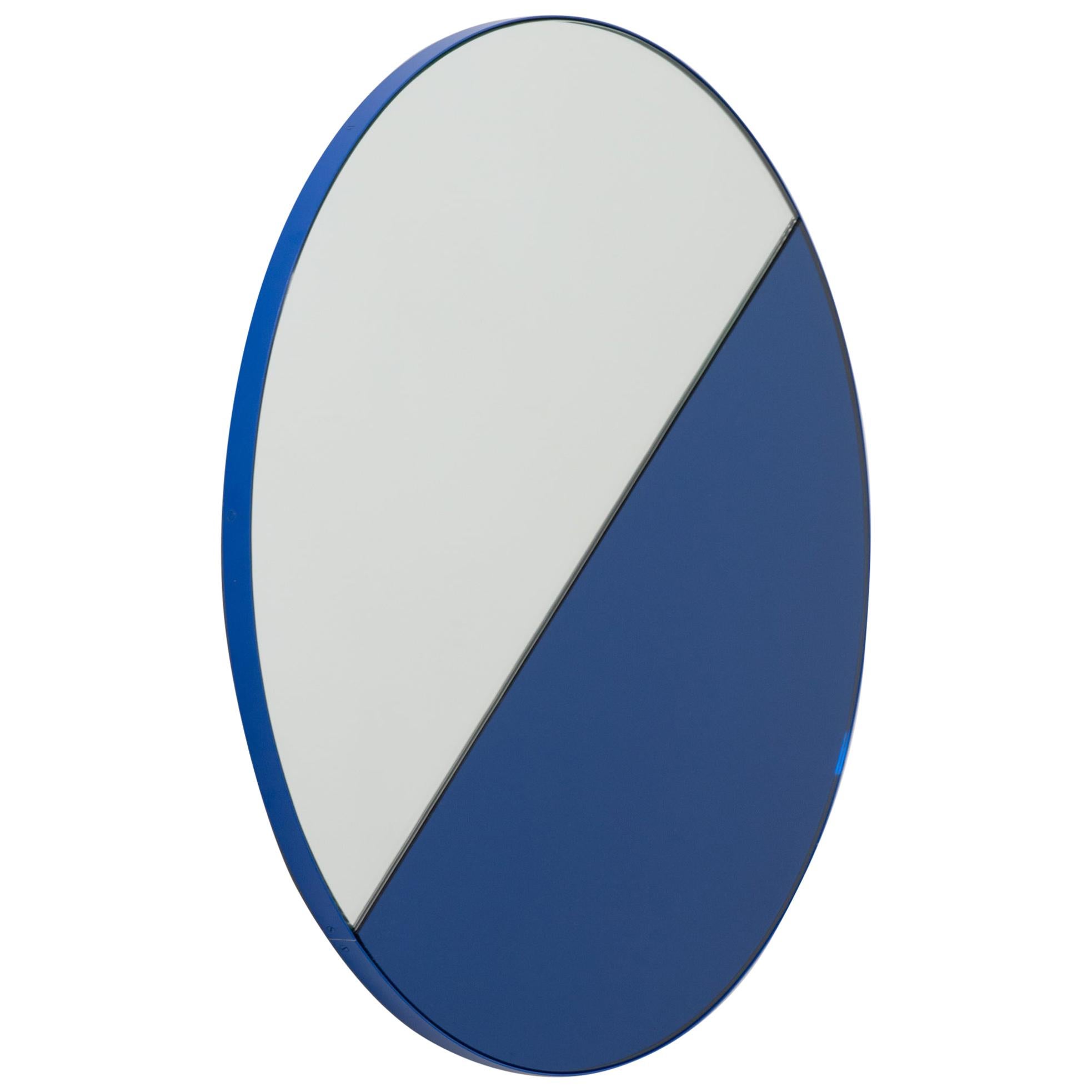 Orbis Dualis Mixed Tint Blue and Silver Round Mirror with Blue Frame, Regular For Sale