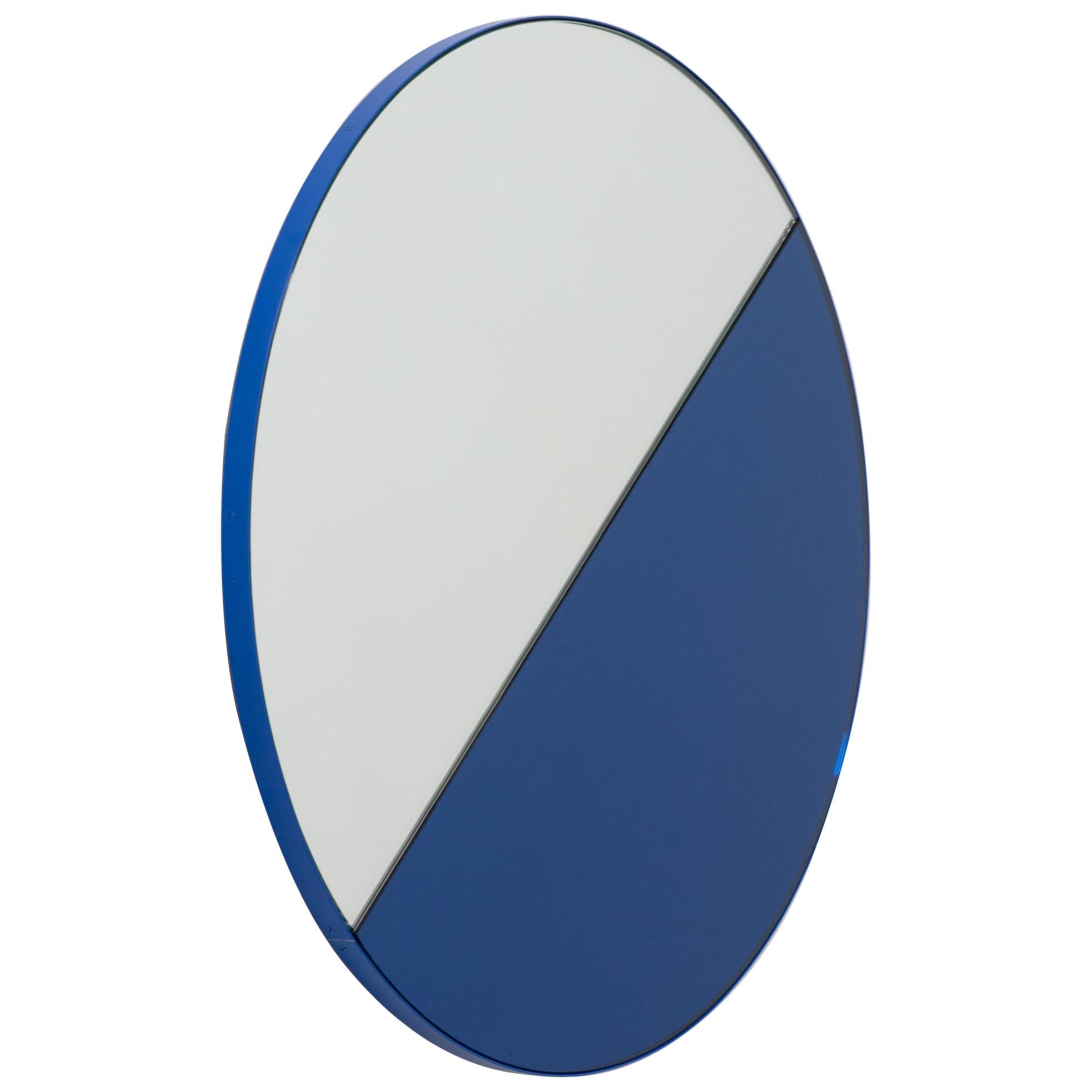 Orbis Dualis Mixed Blue Tinted Contemporary Round Mirror with Blue Frame, Small For Sale