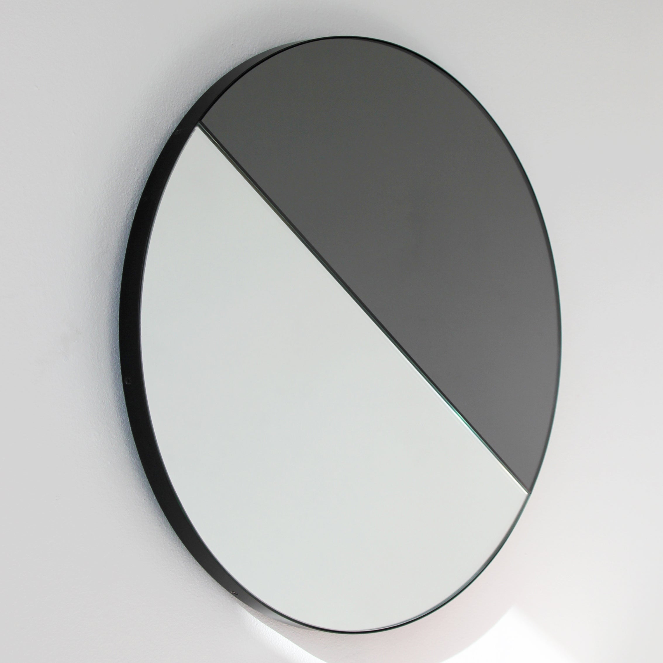 Orbis Dualis Mixed Black Tint Contemporary Round Mirror with Black Frame, Small For Sale