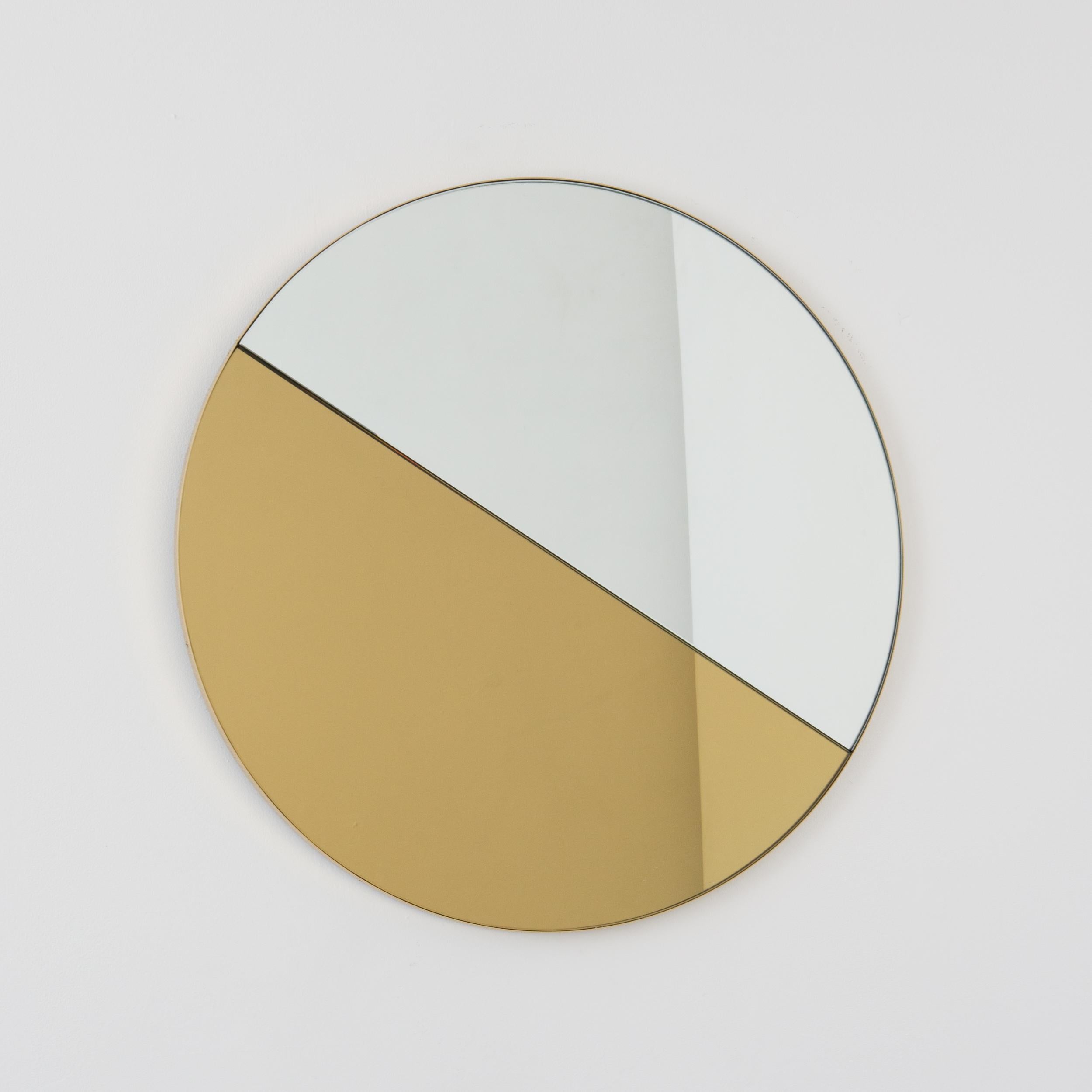 Brushed In Stock Orbis Dualis Round Gold Silver Tinted Mirror, Brass Frame, Medium For Sale
