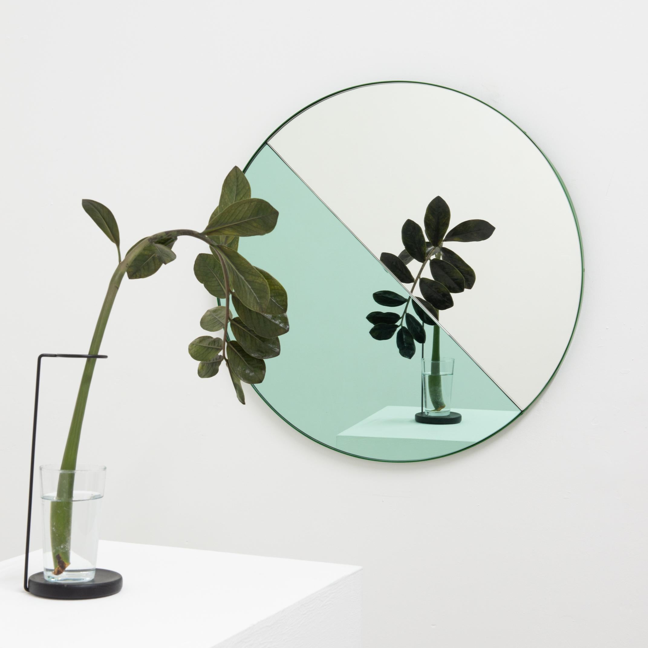 Orbis Dualis Mixed 'Green + Silver' Round Mirror with Green Frame, Medium 2