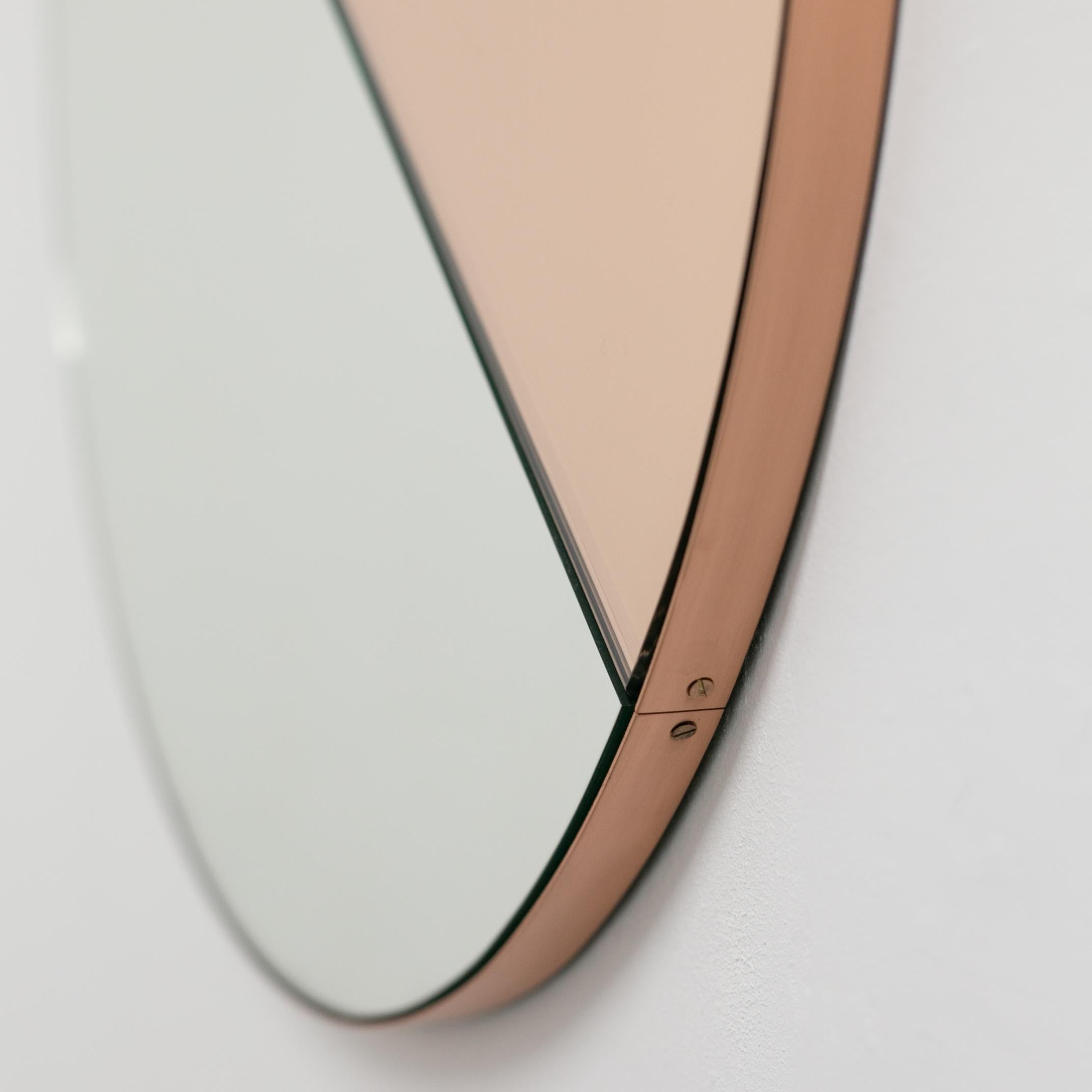 British Orbis Dualis Mixed Rose Gold Tint Minimalist Round Mirror, Copper Frame, Regular For Sale