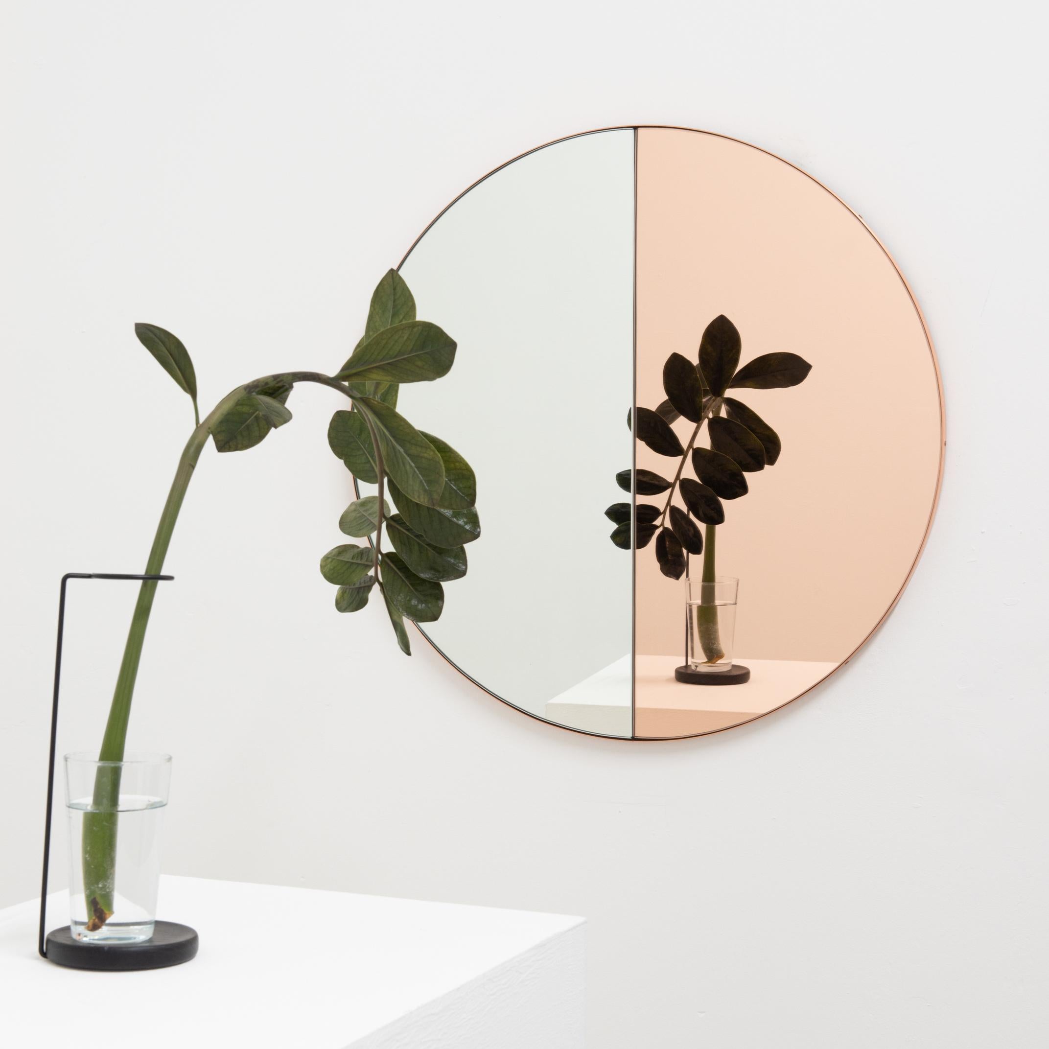 British Orbis Dualis Mixed Rose Gold Tint Minimalist Round Mirror, Copper Frame, Regular For Sale