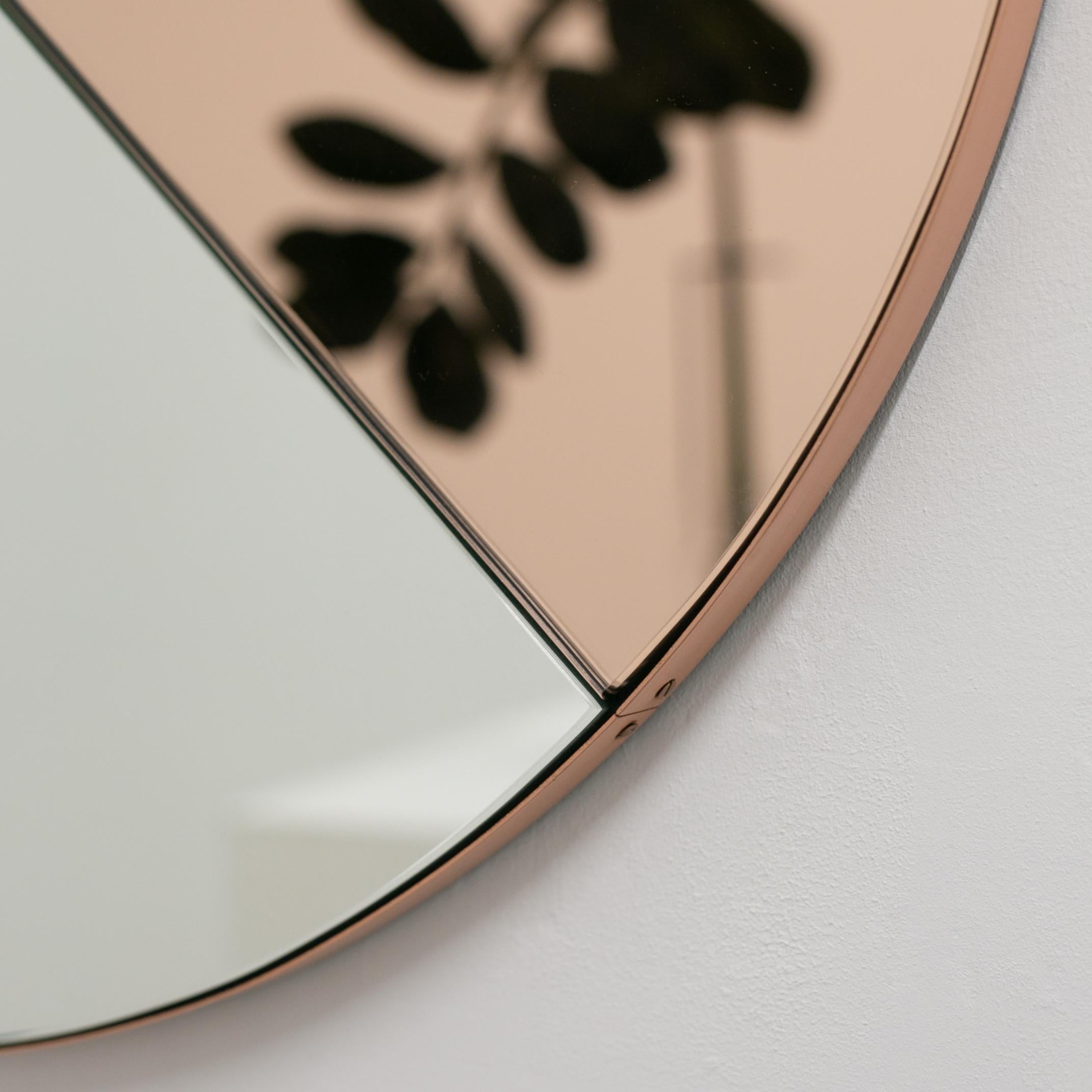 Orbis Dualis Mixed Rose Gold Tint Contemporary Round Mirror, Copper Frame, Small For Sale 4