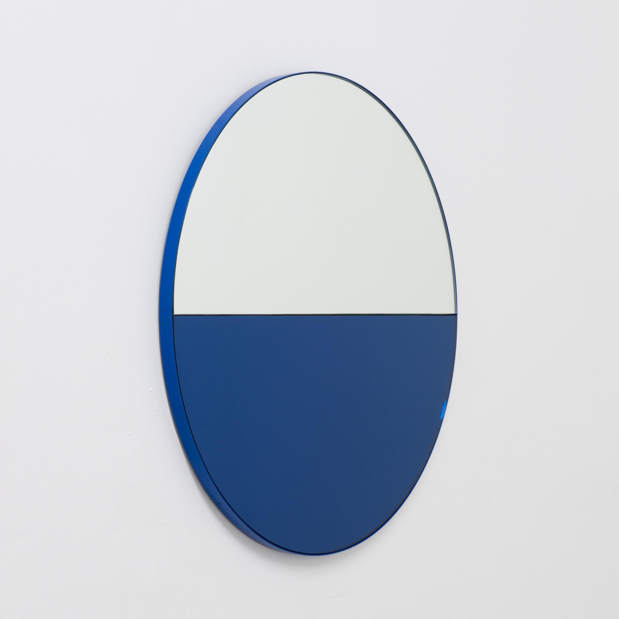 Aluminum Orbis Dualis Contemporary Blue and Silver Round Mirror with Blue Frame, Large For Sale
