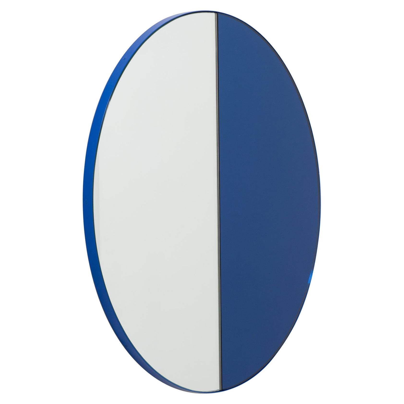 Orbis Dualis Contemporary Blue and Silver Round Mirror with Blue Frame, Large