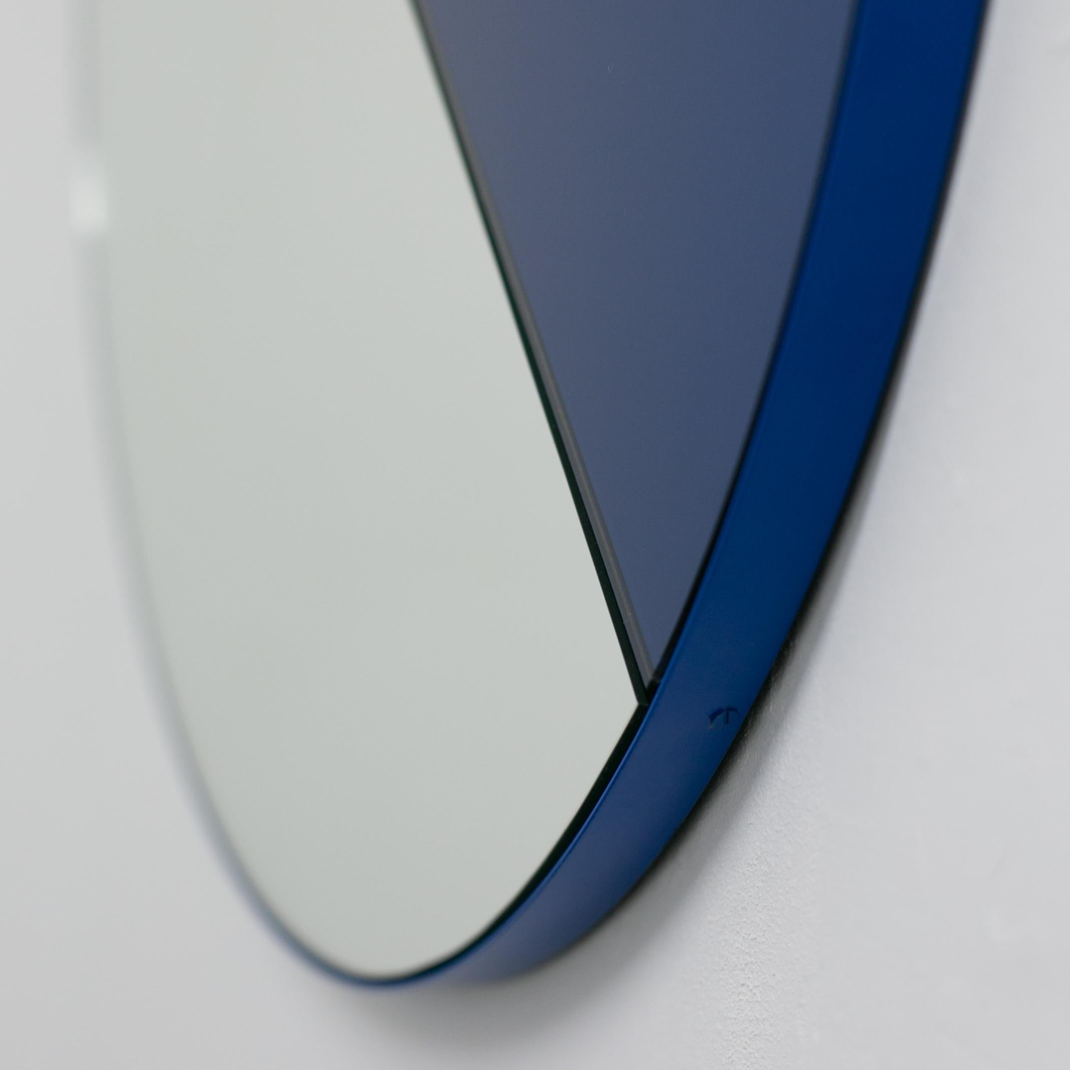 Powder-Coated In Stock Orbis Dualis Blue and Silver Tint Round Mirror with Blue Frame, Medium For Sale