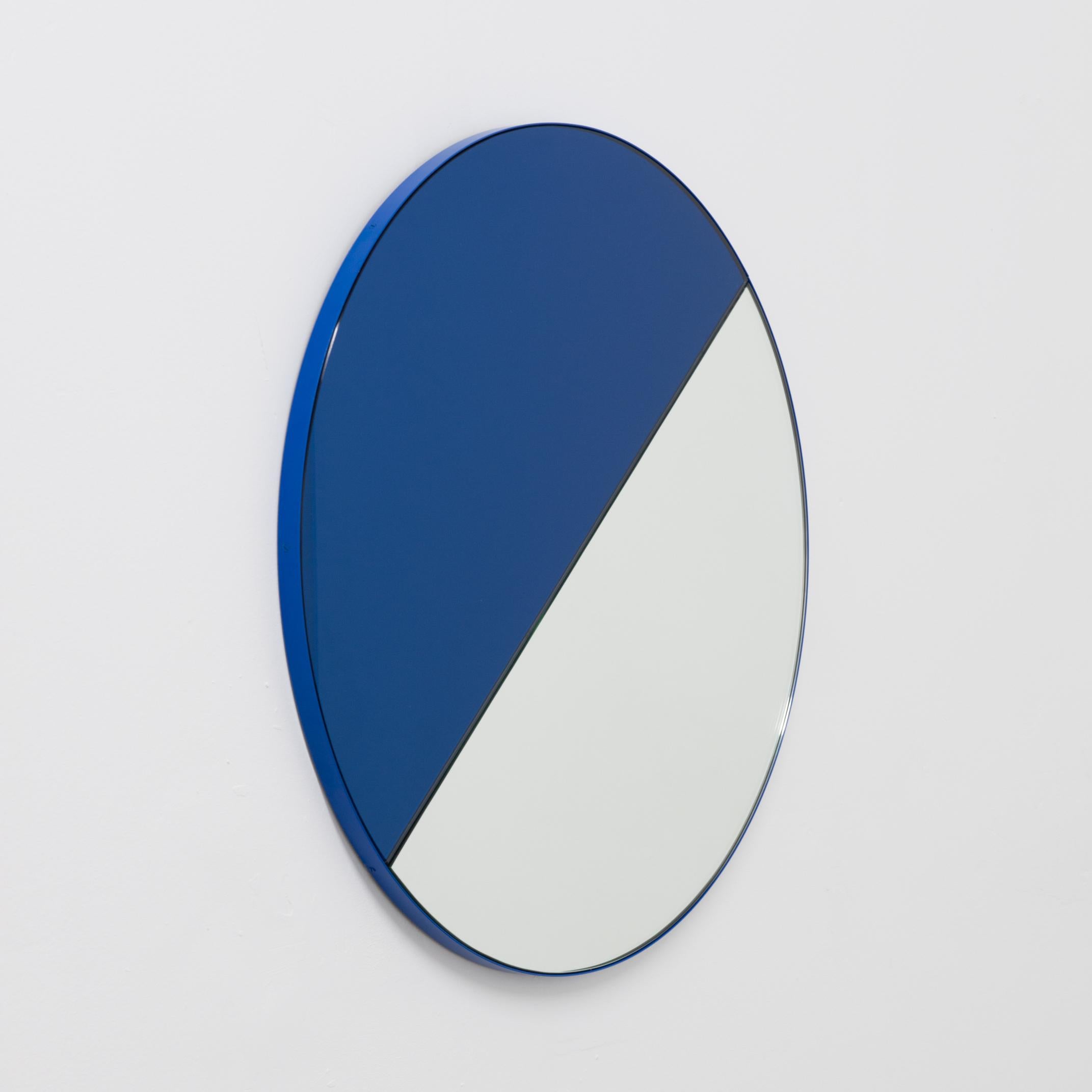 Aluminum In Stock Orbis Dualis Blue and Silver Tint Round Mirror with Blue Frame, Medium For Sale