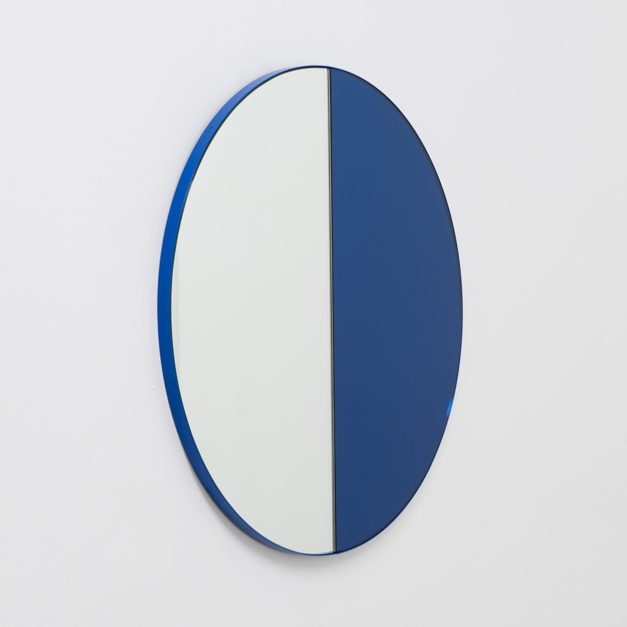 Powder-Coated Orbis Dualis Mixed Tint Blue and Silver Round Mirror with Blue Frame, Regular For Sale