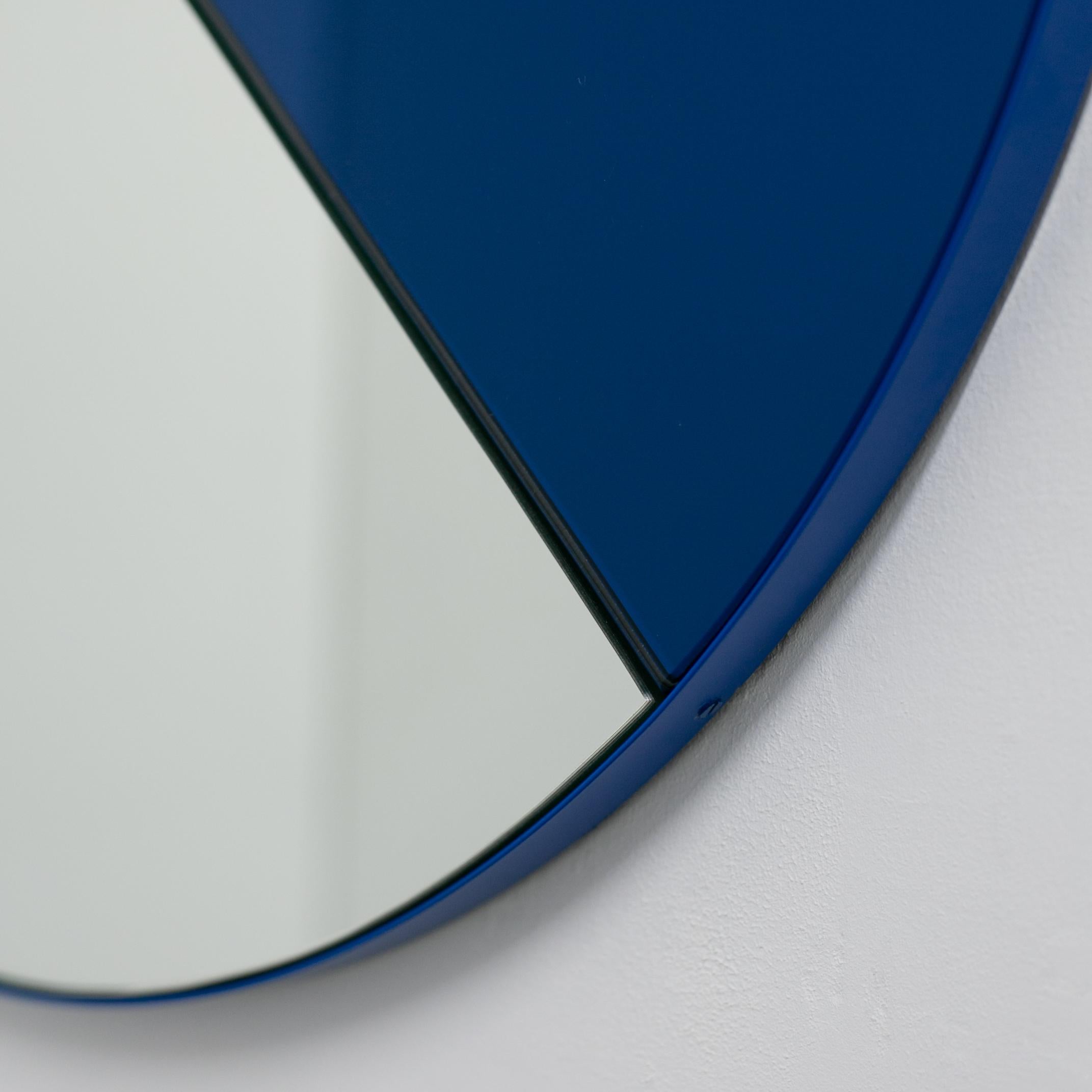 Orbis Dualis Mixed Blue Tinted Contemporary Round Mirror with Blue Frame, Small For Sale 6