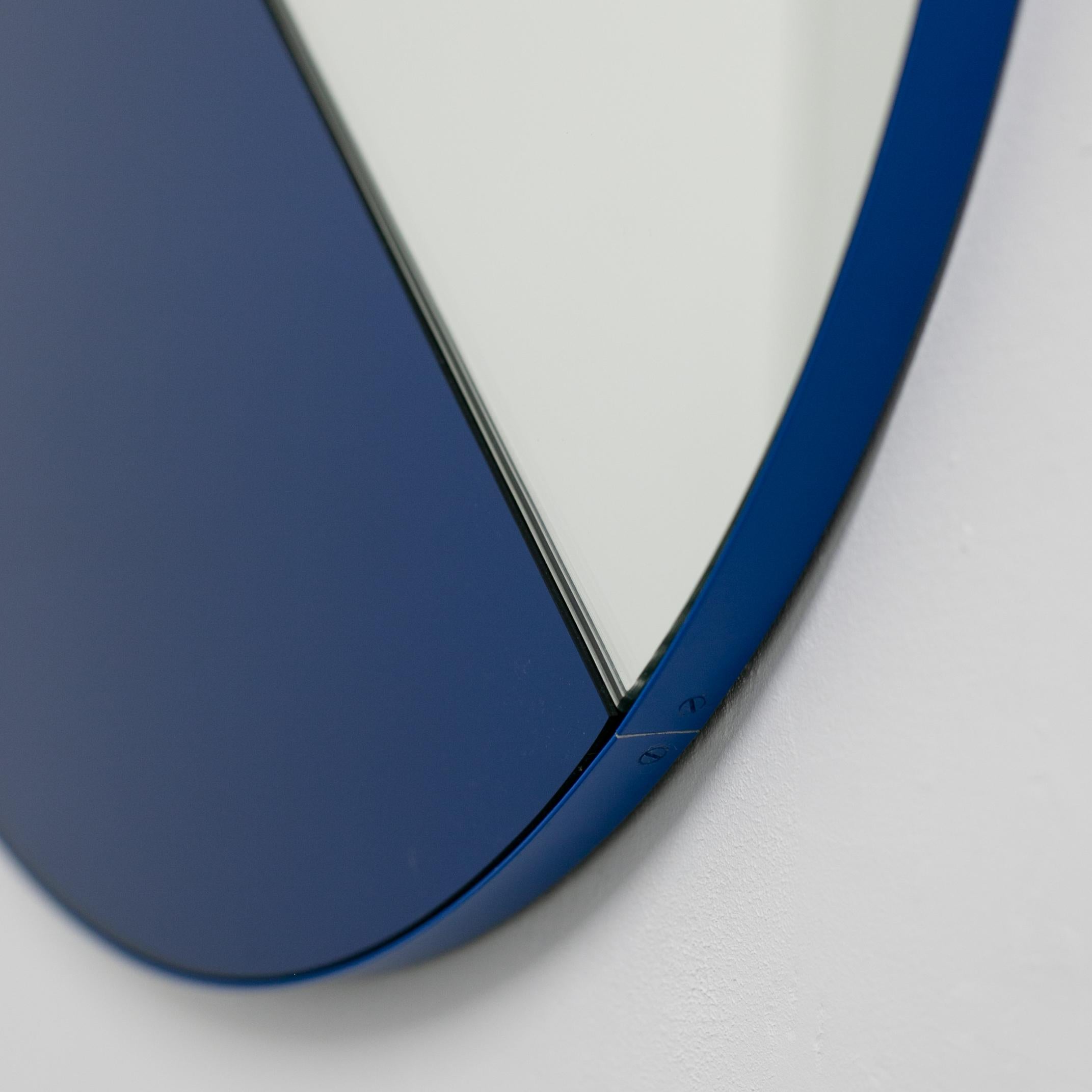 Orbis Dualis Mixed Blue Tinted Contemporary Round Mirror with Blue Frame, Small For Sale 3