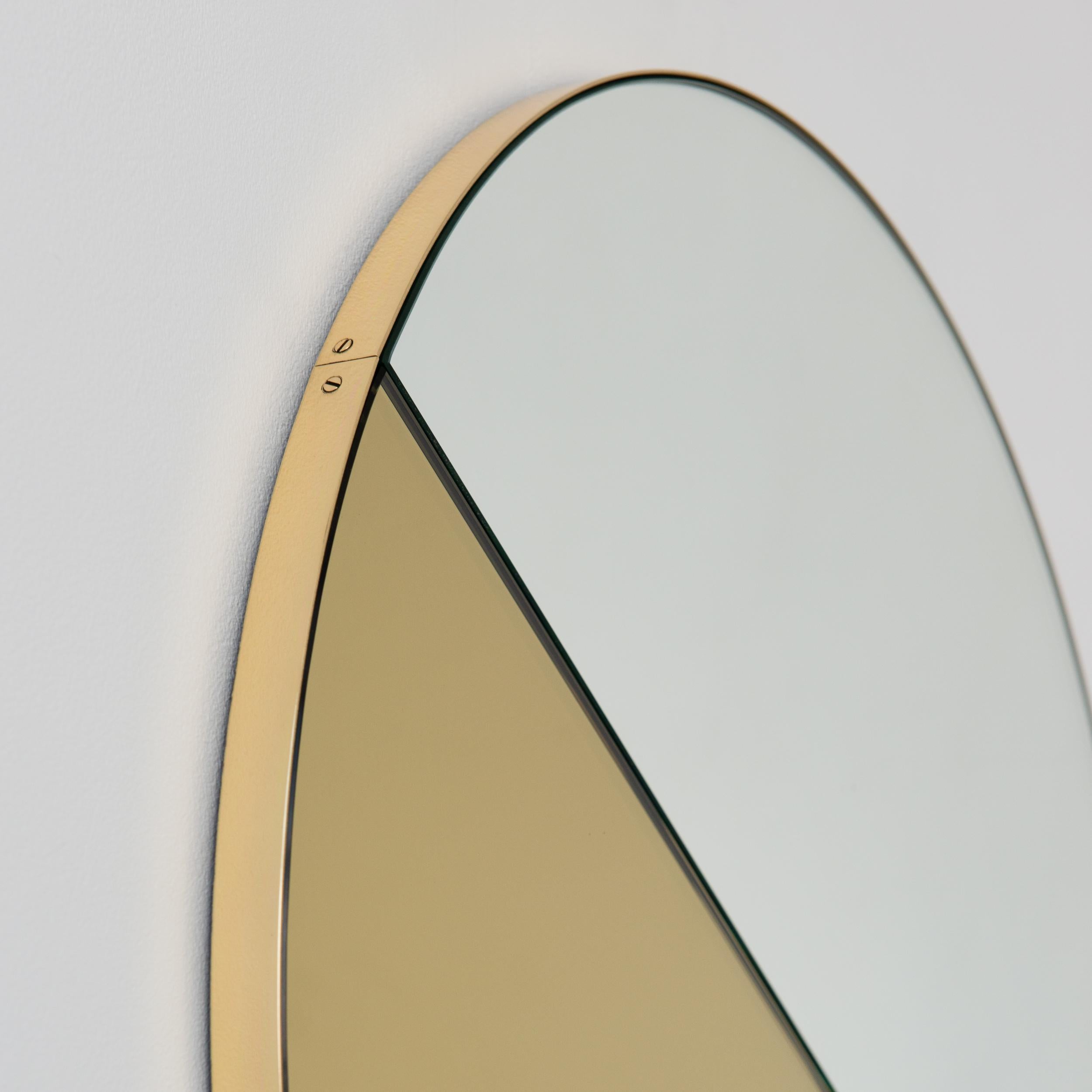 British Orbis Dualis Round Mixed Tinted Gold Modern Mirror with Brass Frame, Medium For Sale