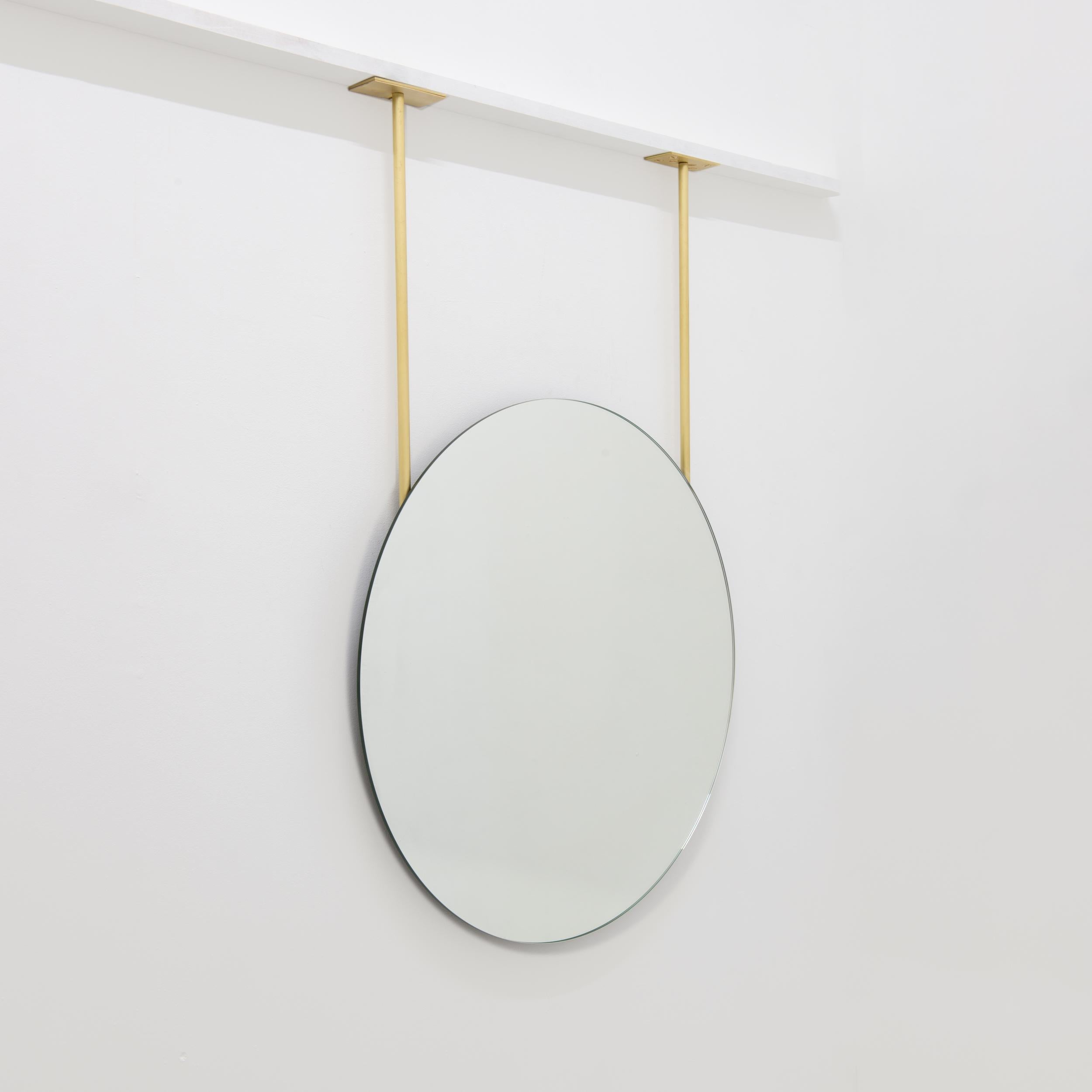 Art déco Miroir à suspension suspendu rond Orbis sans cadre avec deux tiges en laiton en vente