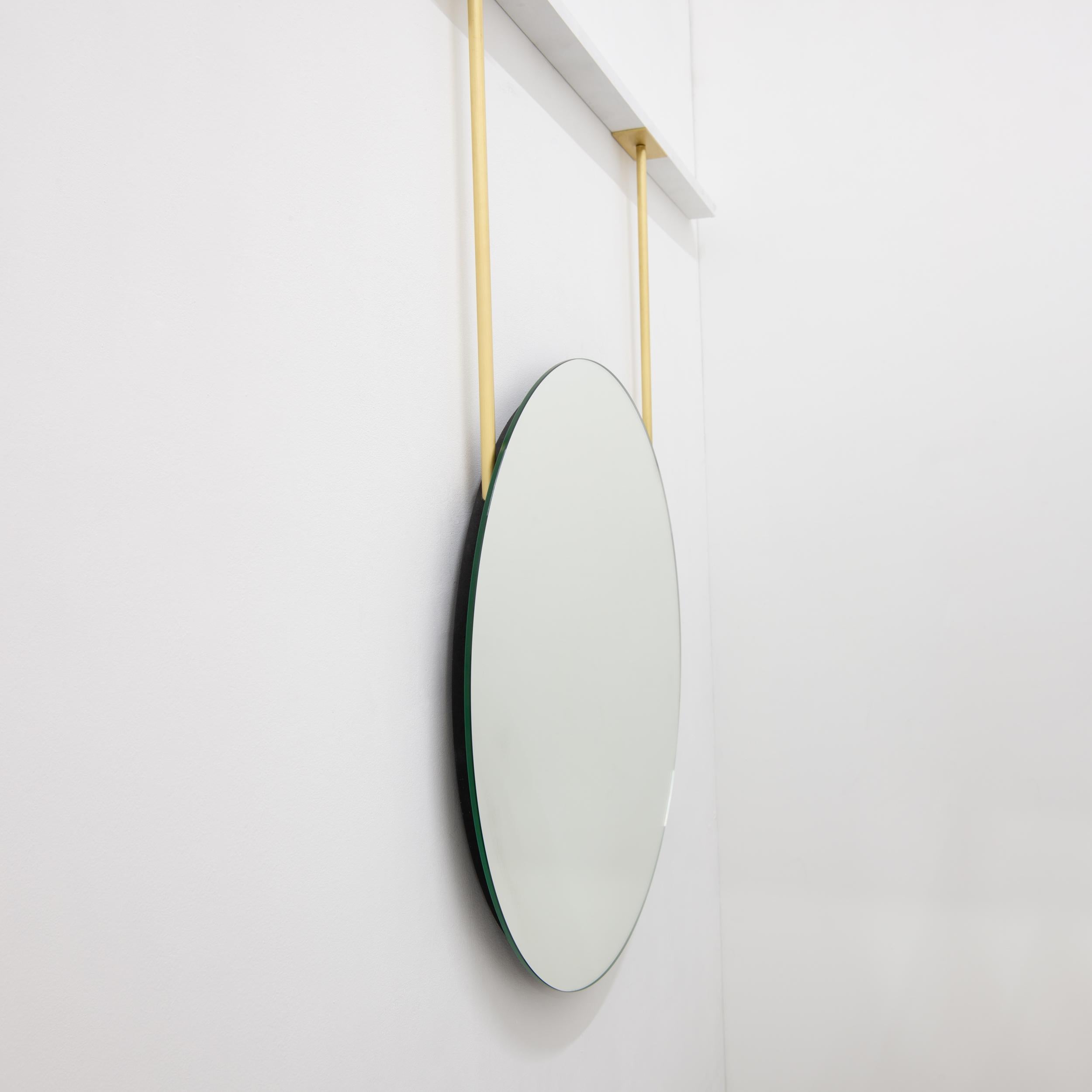 Round Orbis Frameless Ceiling Suspended Pendant Mirror with Two Brass Rods In New Condition For Sale In London, GB