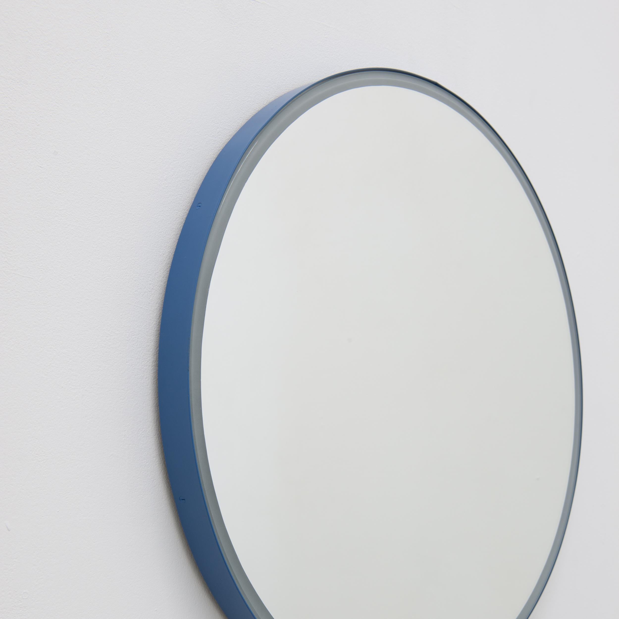 Orbis Front Illuminated Round Bespoke Modern Mirror with Blue Frame, Regular For Sale 3