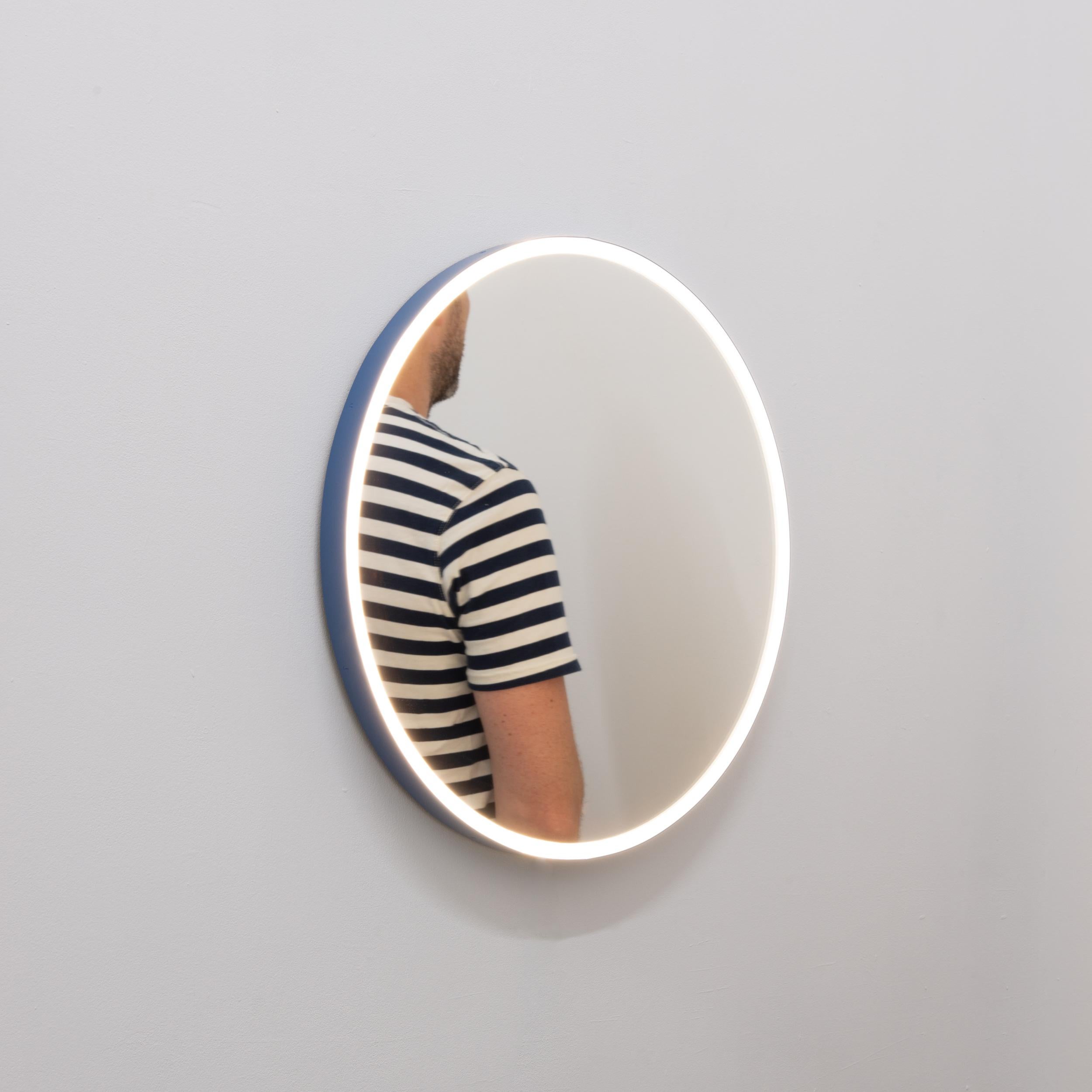 Orbis Front Illuminated Round Bespoke Modern Mirror with Blue Frame, Regular For Sale 4
