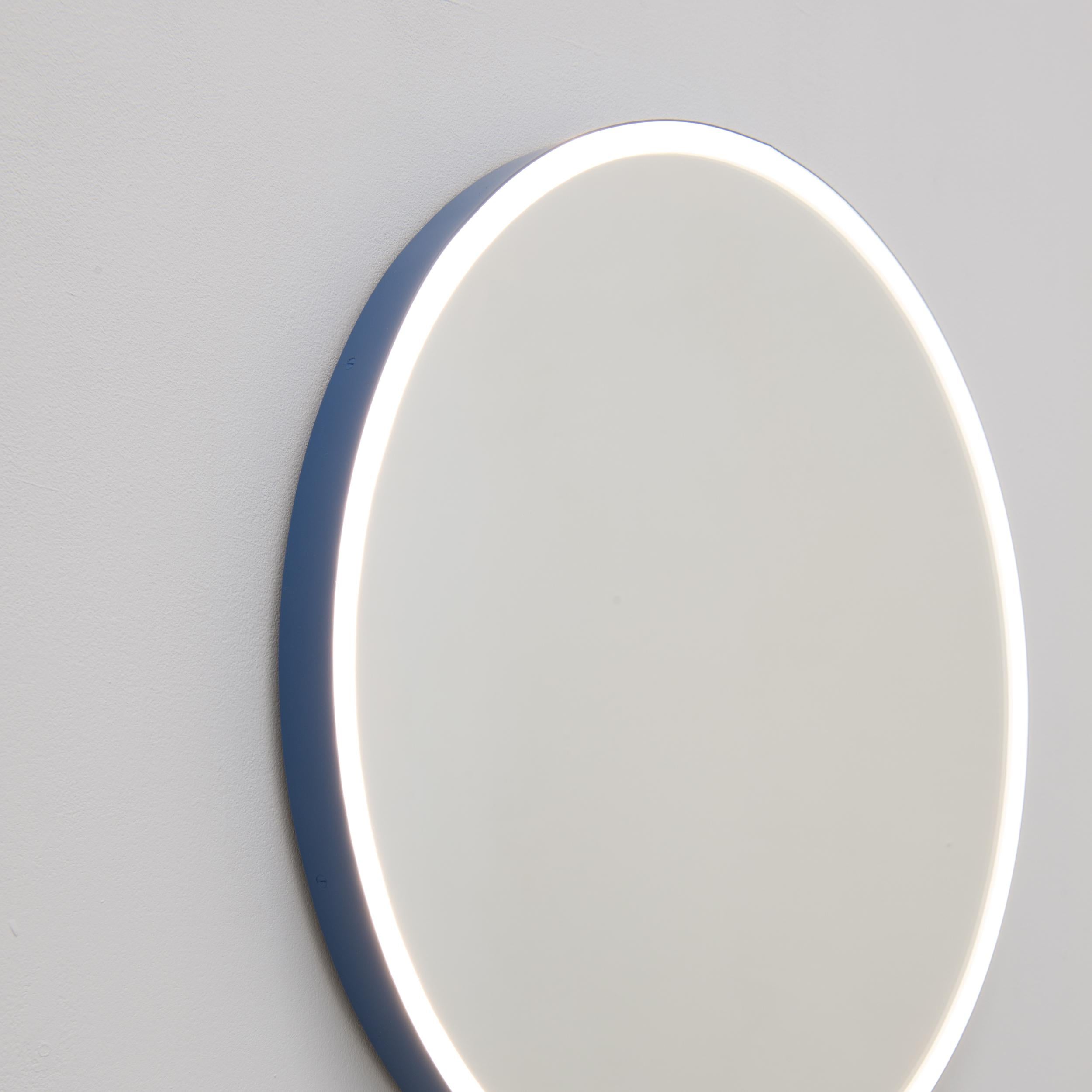 Powder-Coated Orbis Front Illuminated Round Bespoke Modern Mirror with Blue Frame, Regular For Sale
