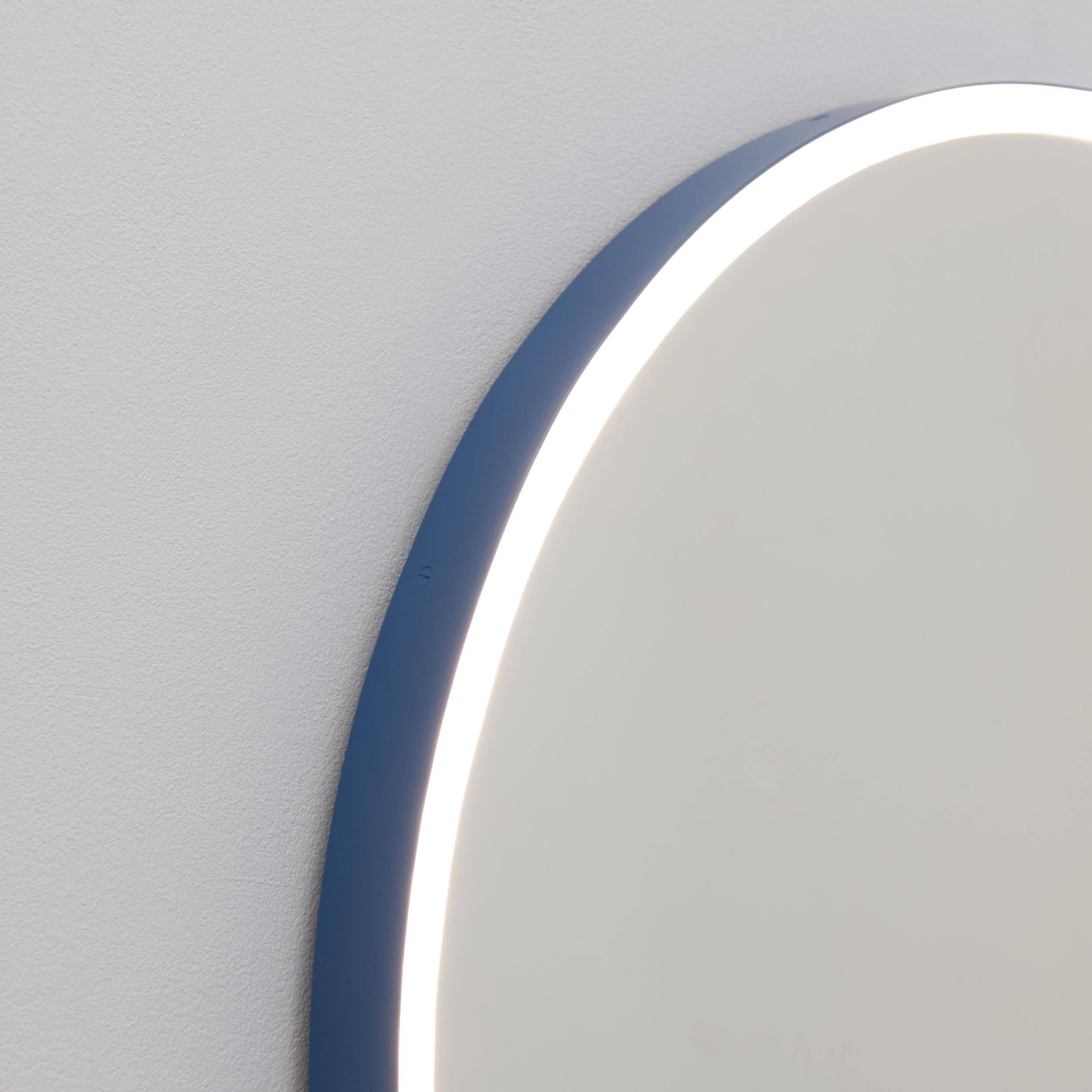 Contemporary Orbis Front Illuminated Round Bespoke Modern Mirror with Blue Frame, Regular For Sale
