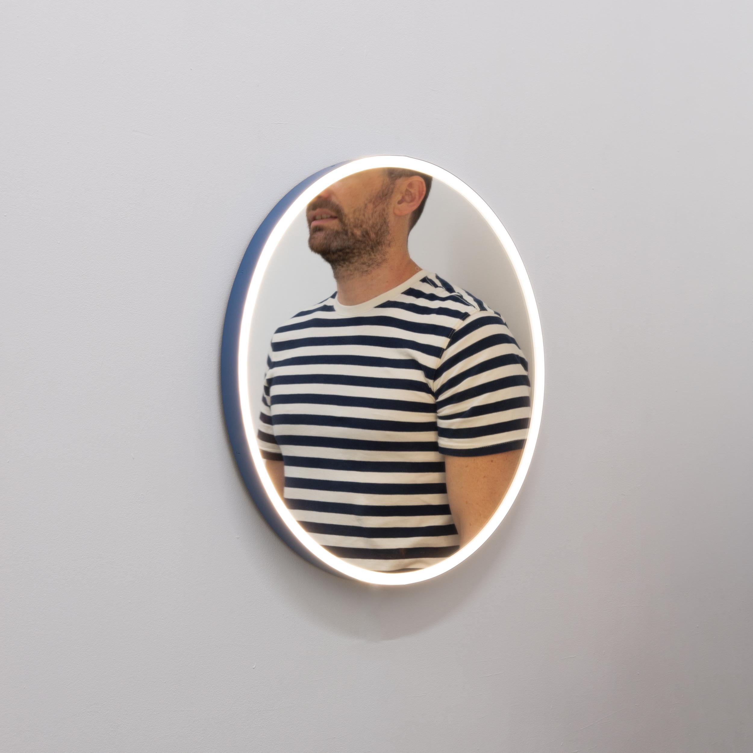 Orbis Front Illuminated Round Bespoke Modern Mirror with Blue Frame, Regular For Sale 1