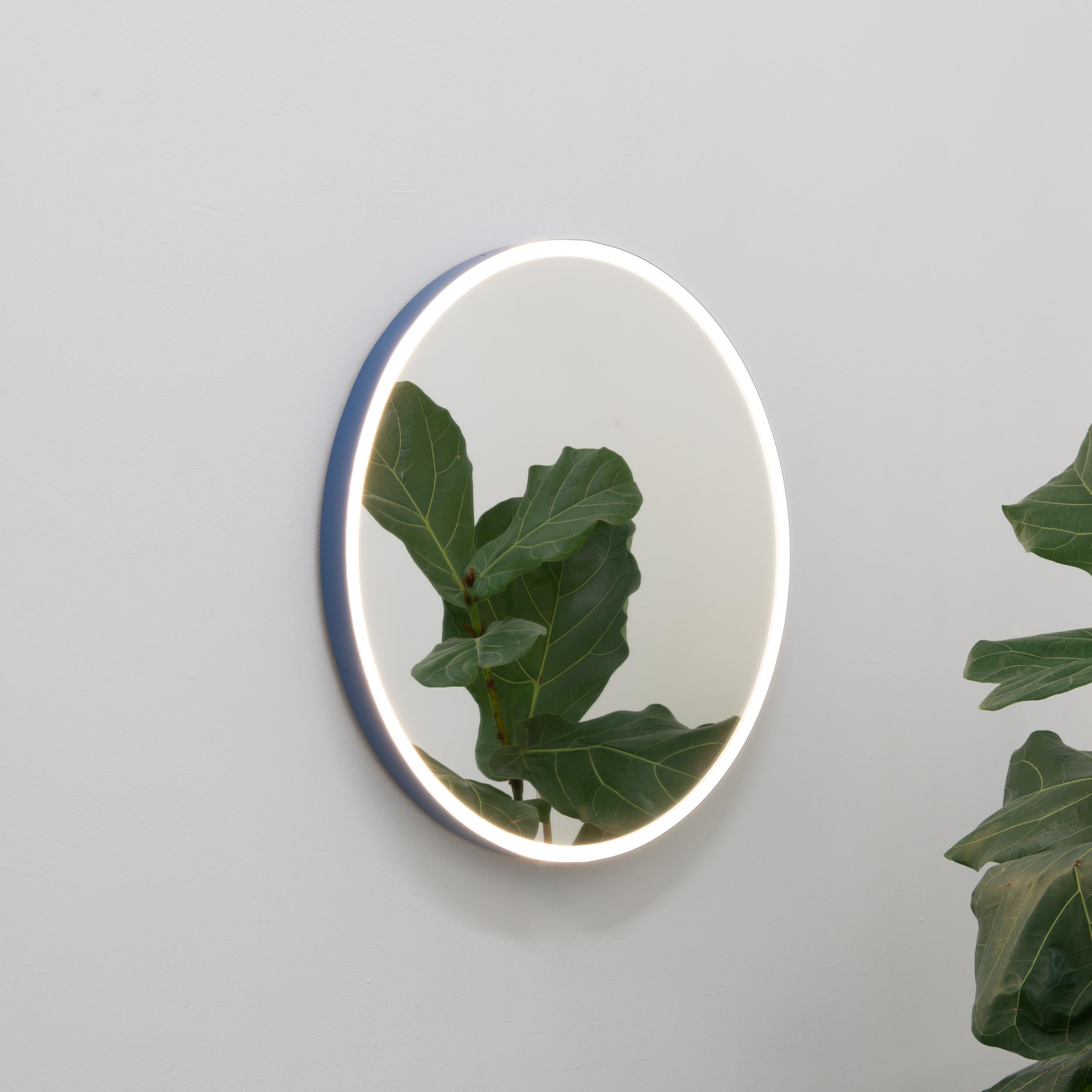 British Orbis Front Illuminated Round Contemporary Mirror with Blue Frame, Medium For Sale