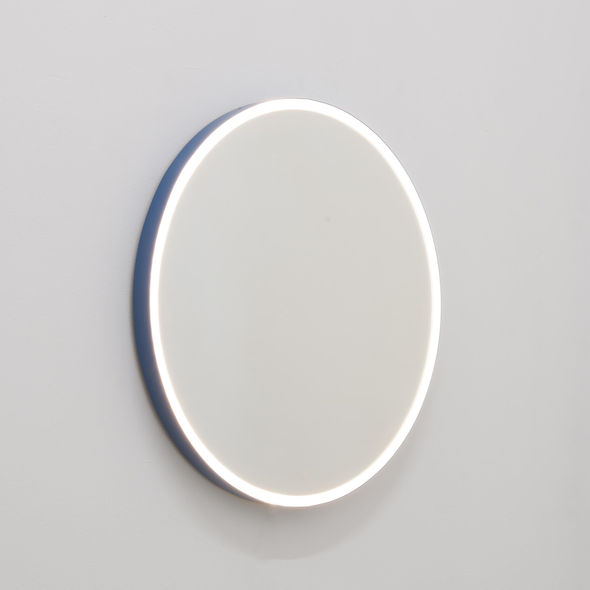 Powder-Coated Orbis Front Illuminated Round Contemporary Mirror with Blue Frame, Medium For Sale