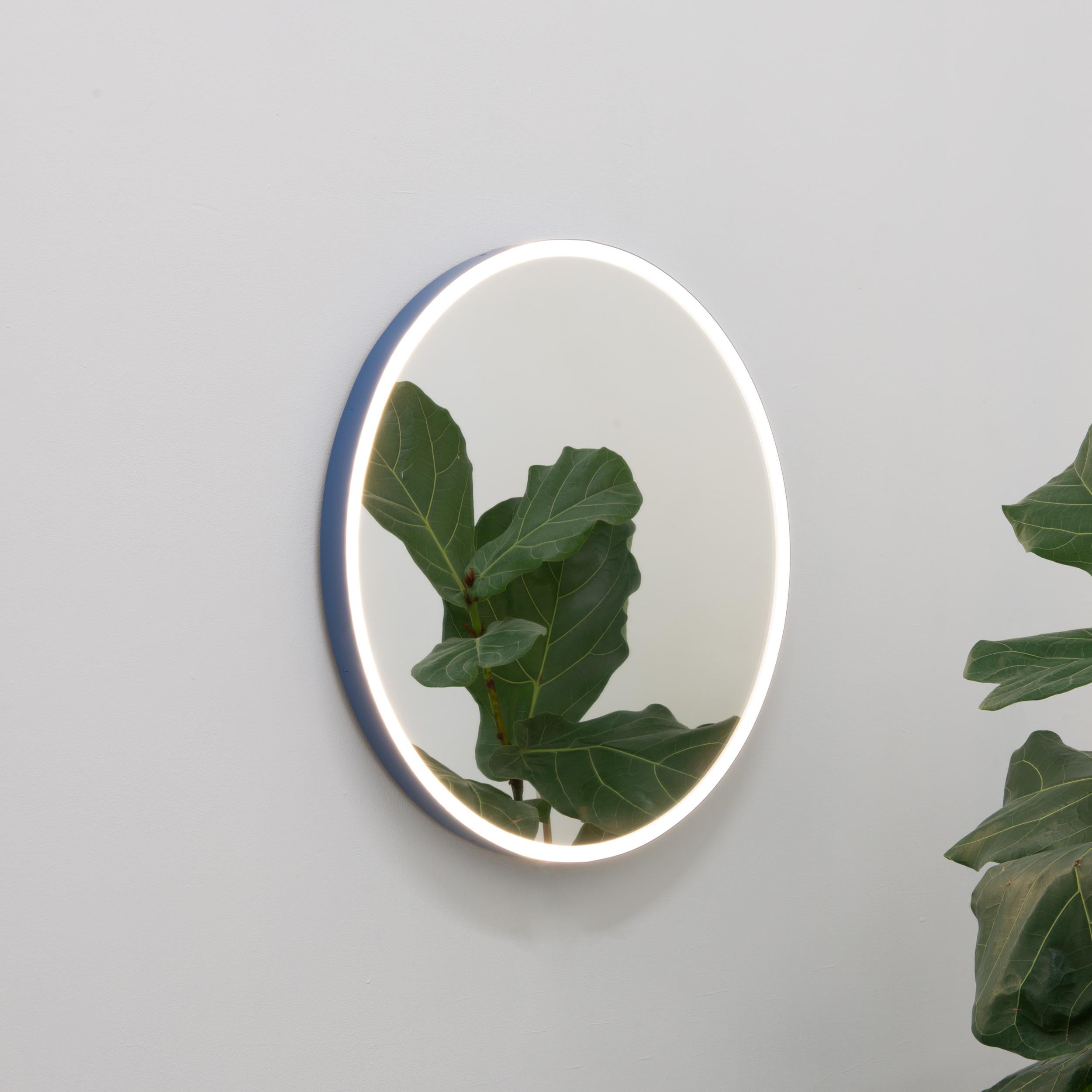 Powder-Coated Orbis Front Illuminated Round Modern Mirror with Blue Frame, Customisable, Large For Sale