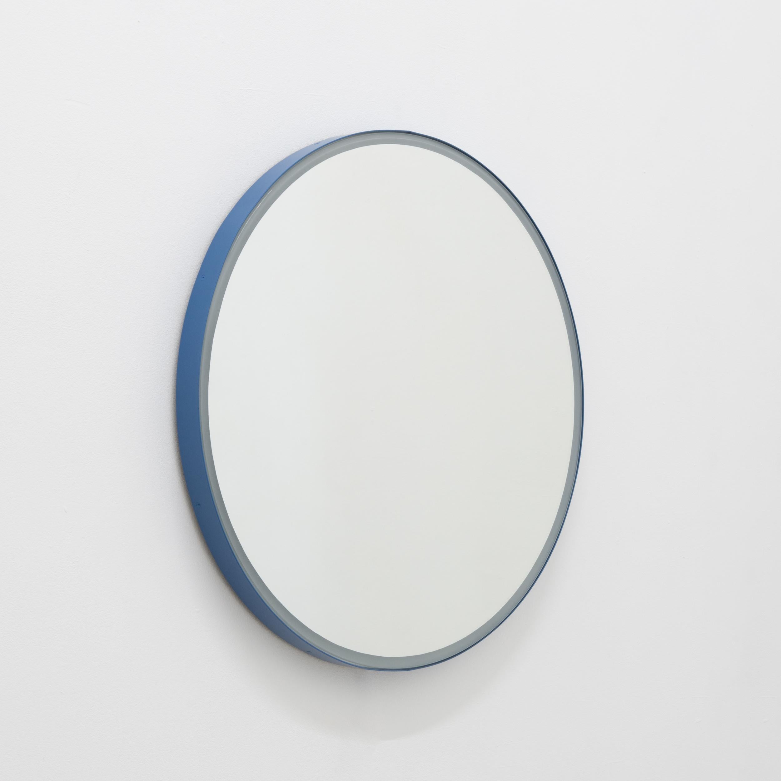 Aluminum Orbis Front Illuminated Round Modern Mirror with Blue Frame, Customisable, Large For Sale
