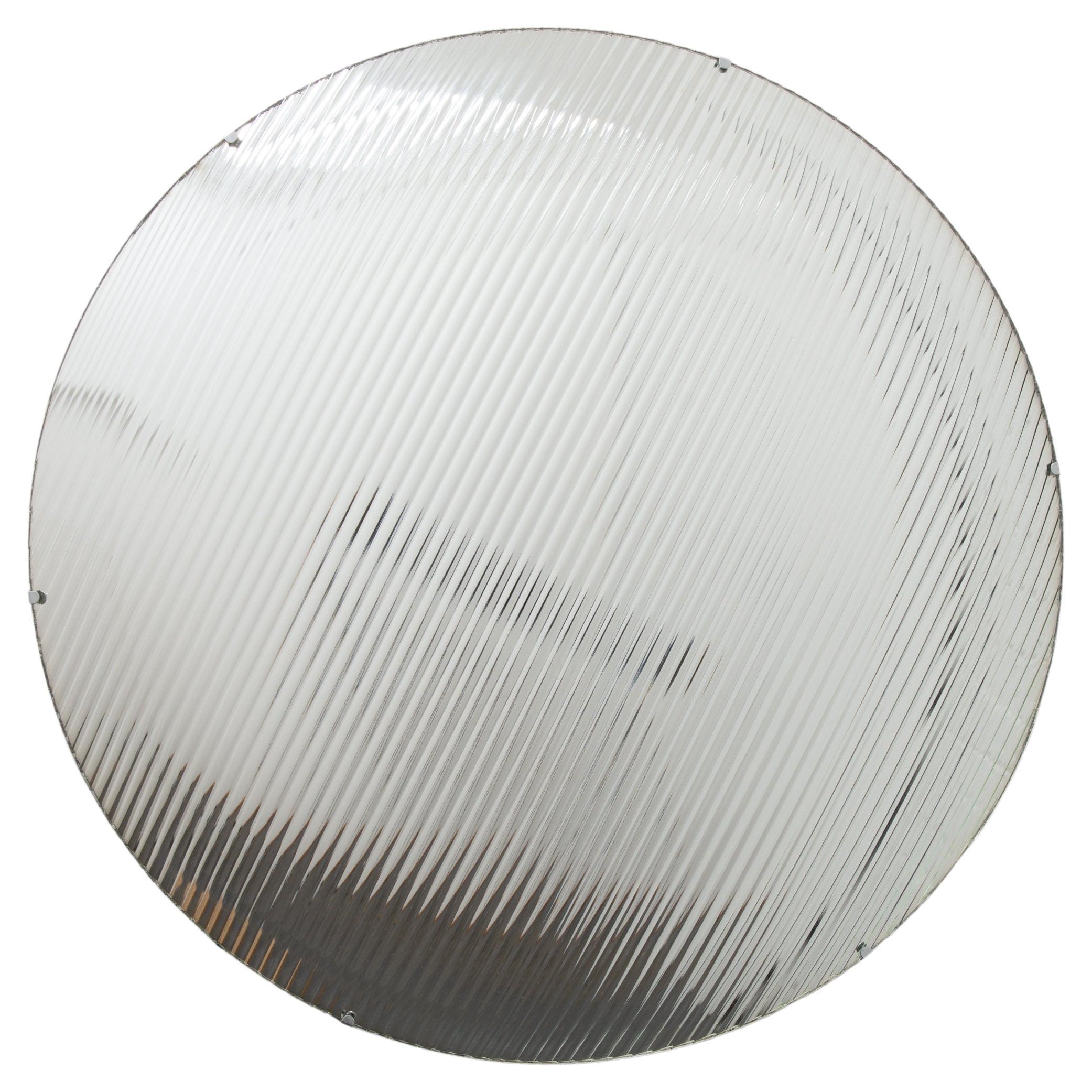 Orbis Handcrafted Reeded Glass Round Convex Frameless Mirror with Clips, Large For Sale