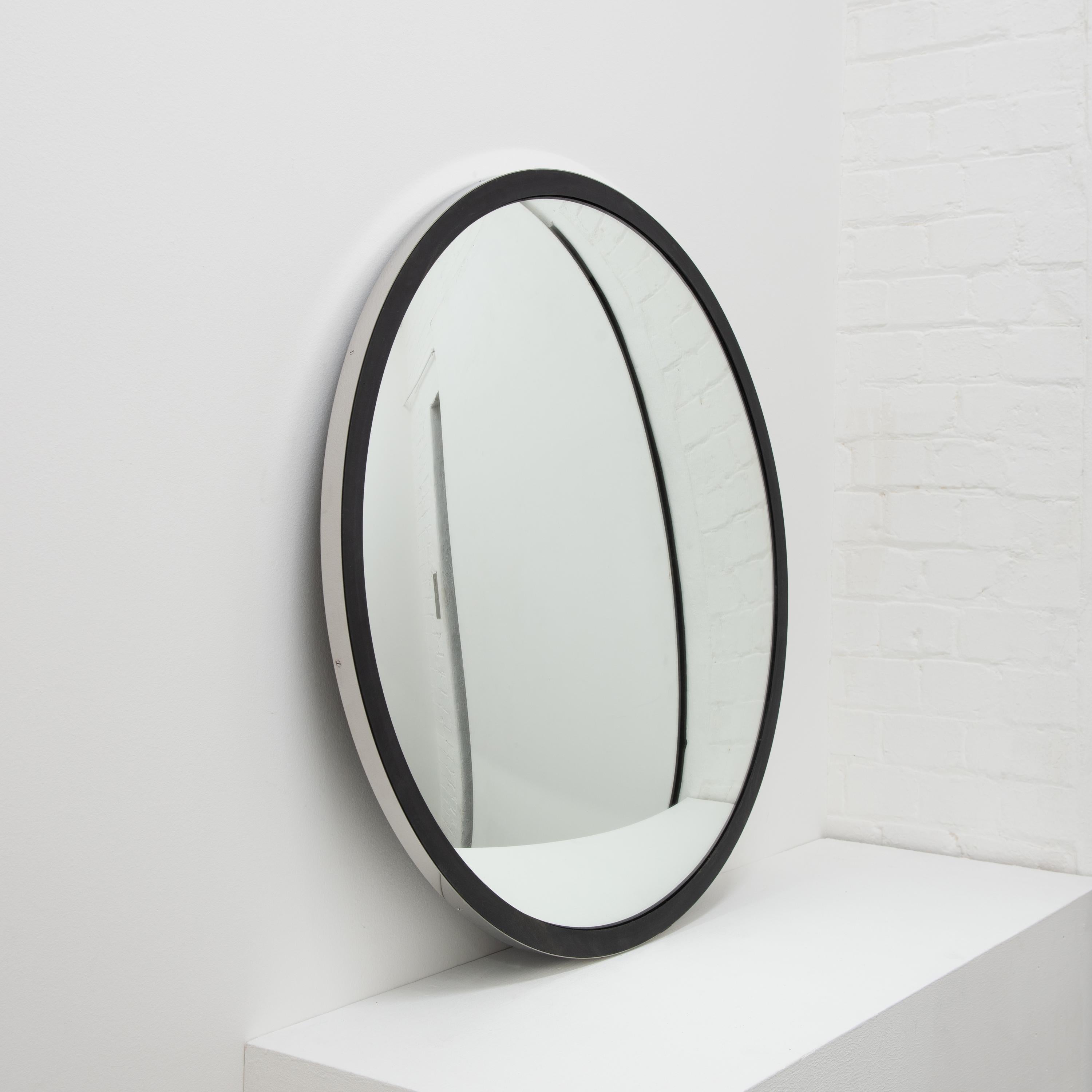 Organic Modern Orbis Handcrafted Round Convex Mirror, Stainless Steel and Black Frame, Large For Sale