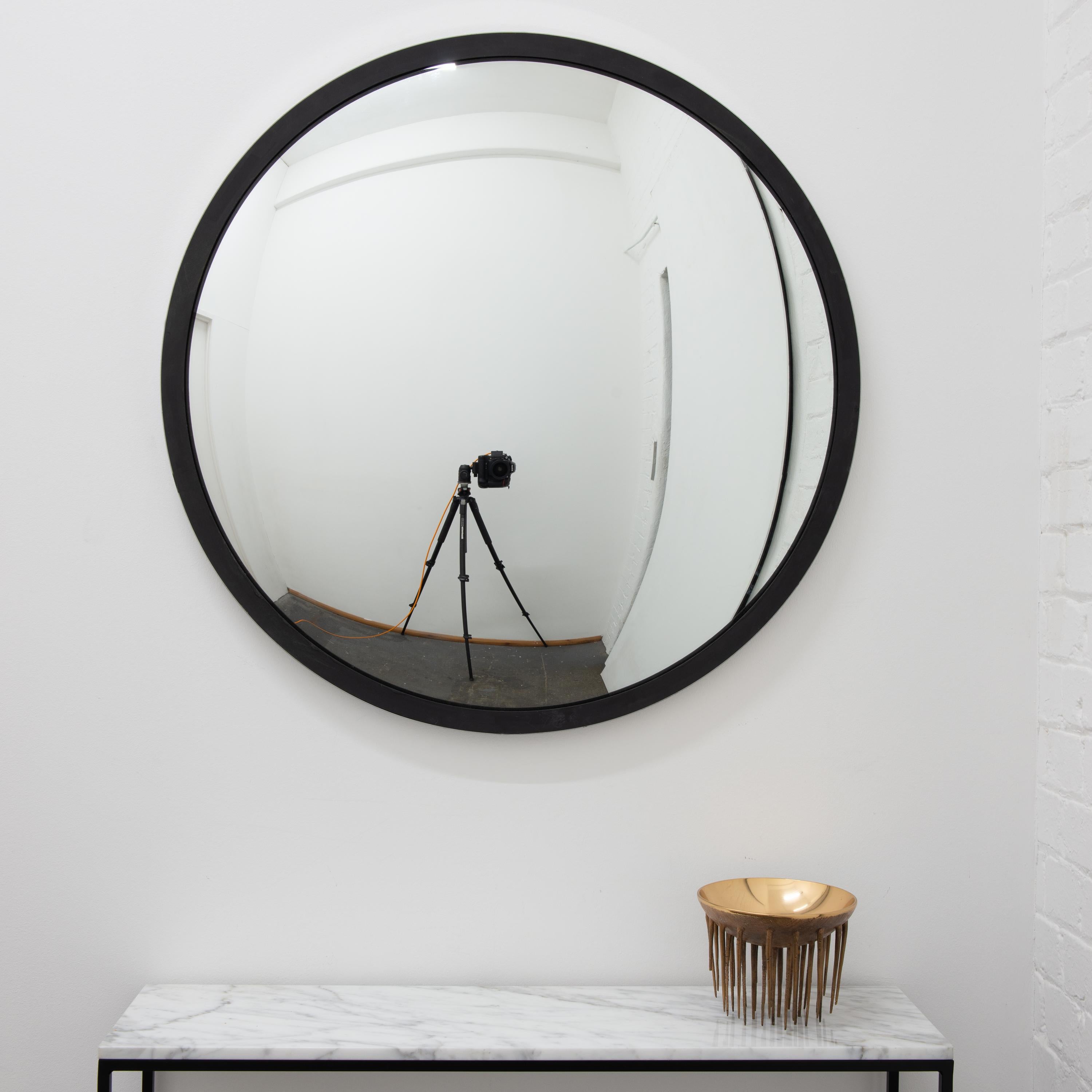 Polished Orbis Handcrafted Round Convex Mirror, Stainless Steel and Black Frame, Large For Sale