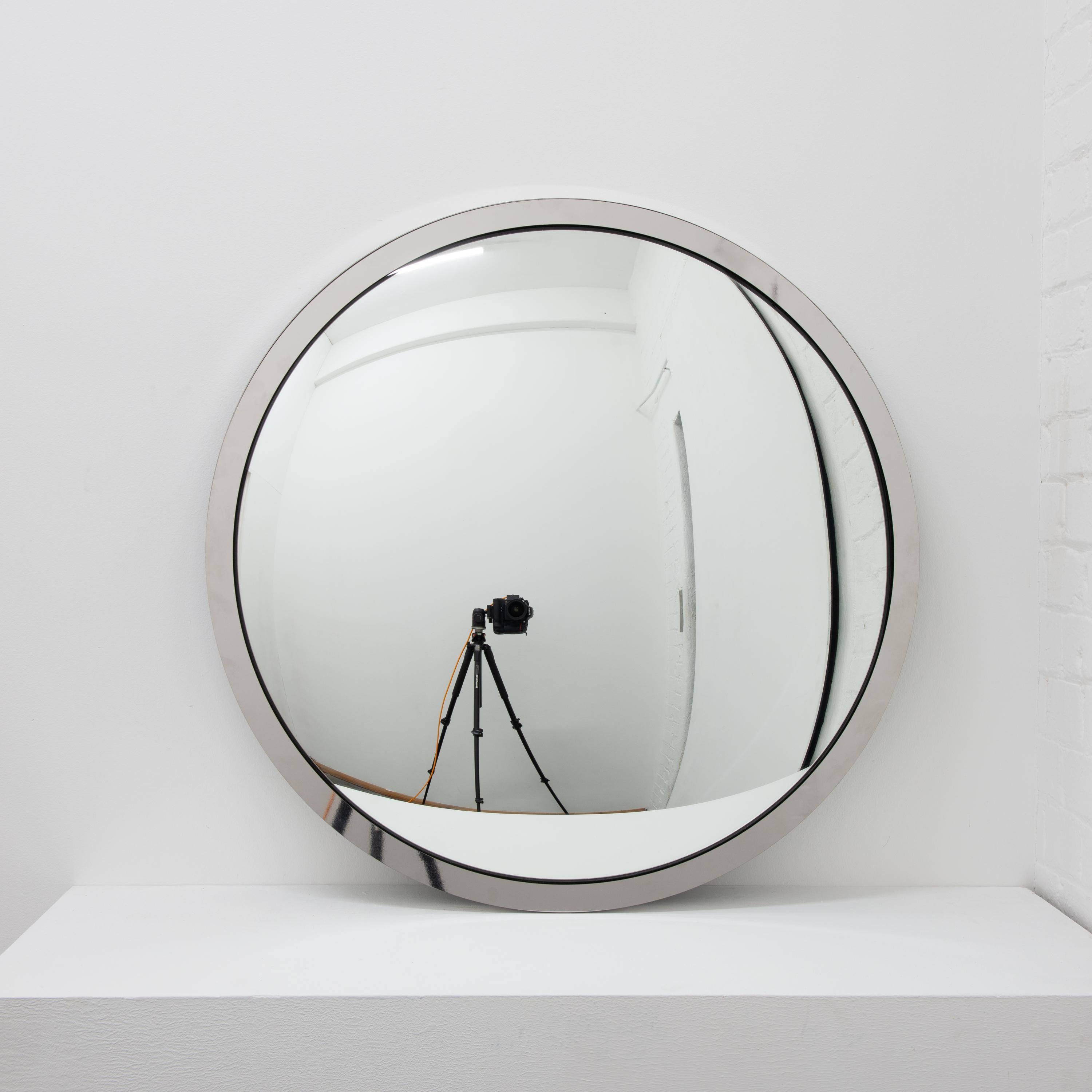 Organic Modern In Stock, Orbis Round Convex Mirror with Stainless Steel Frame, Large For Sale