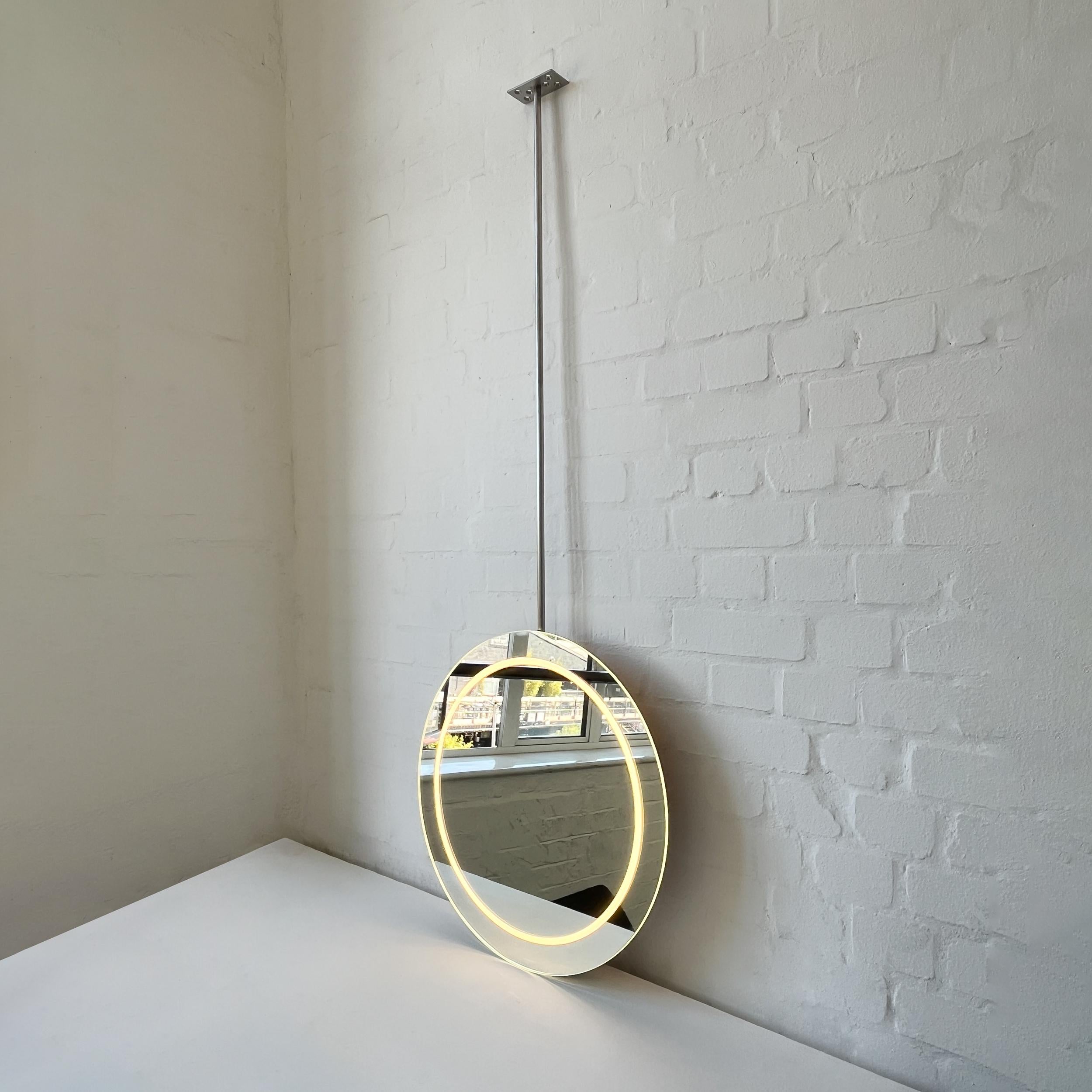 Industrial Orbis Illuminated Ceiling Suspended Round Frameless Mirror For Sale