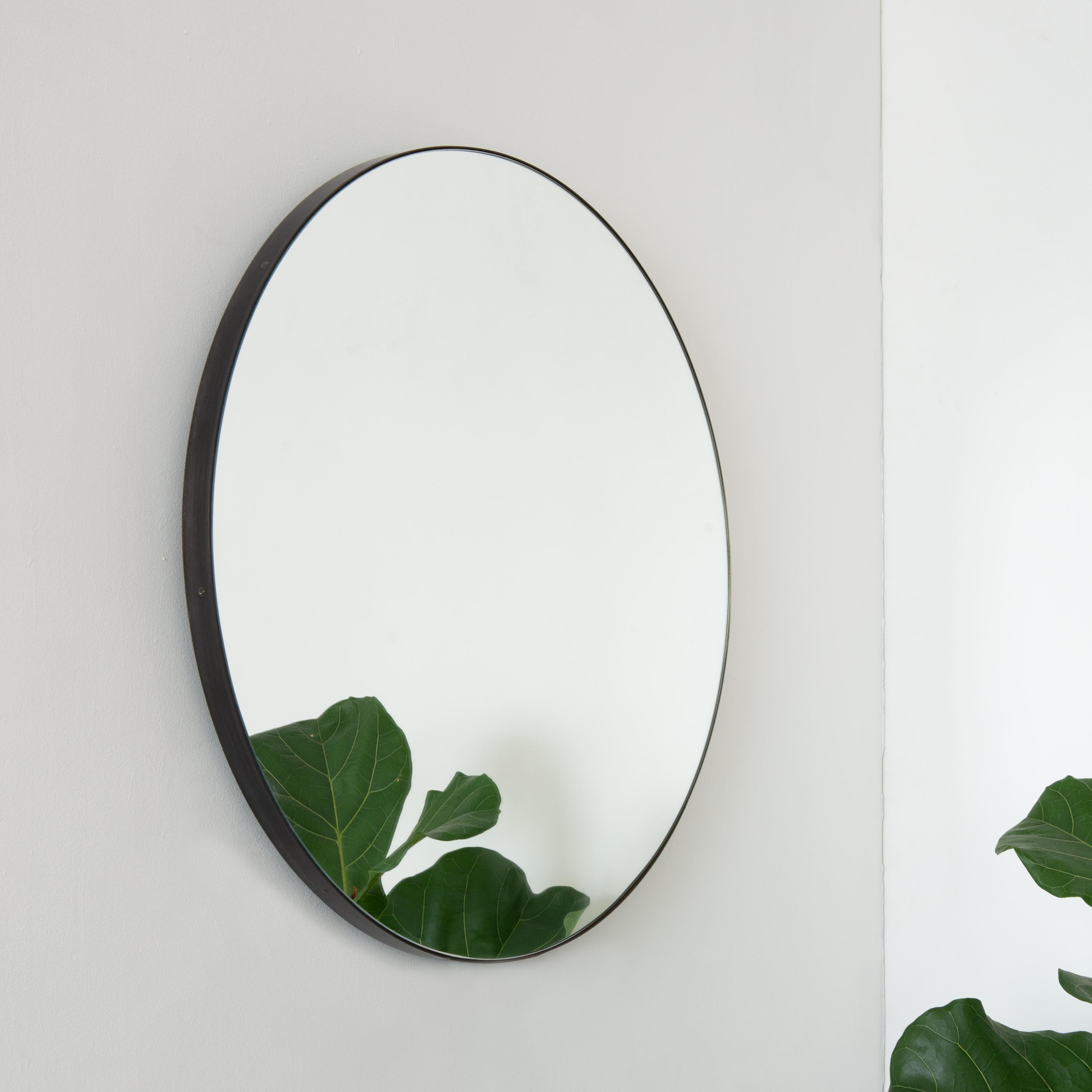 In Stock Orbis Back Illuminated Round Modern Mirror, Bronze Patina Brass Frame For Sale 1