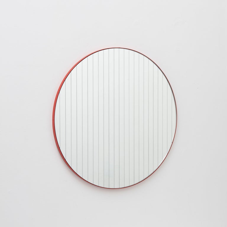 Orbis Linus Round Contemporary Mirror with Etched Strips and a Red