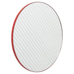 Orbis Linus Round Contemporary Mirror with Etched Strips and a Red Frame, Small