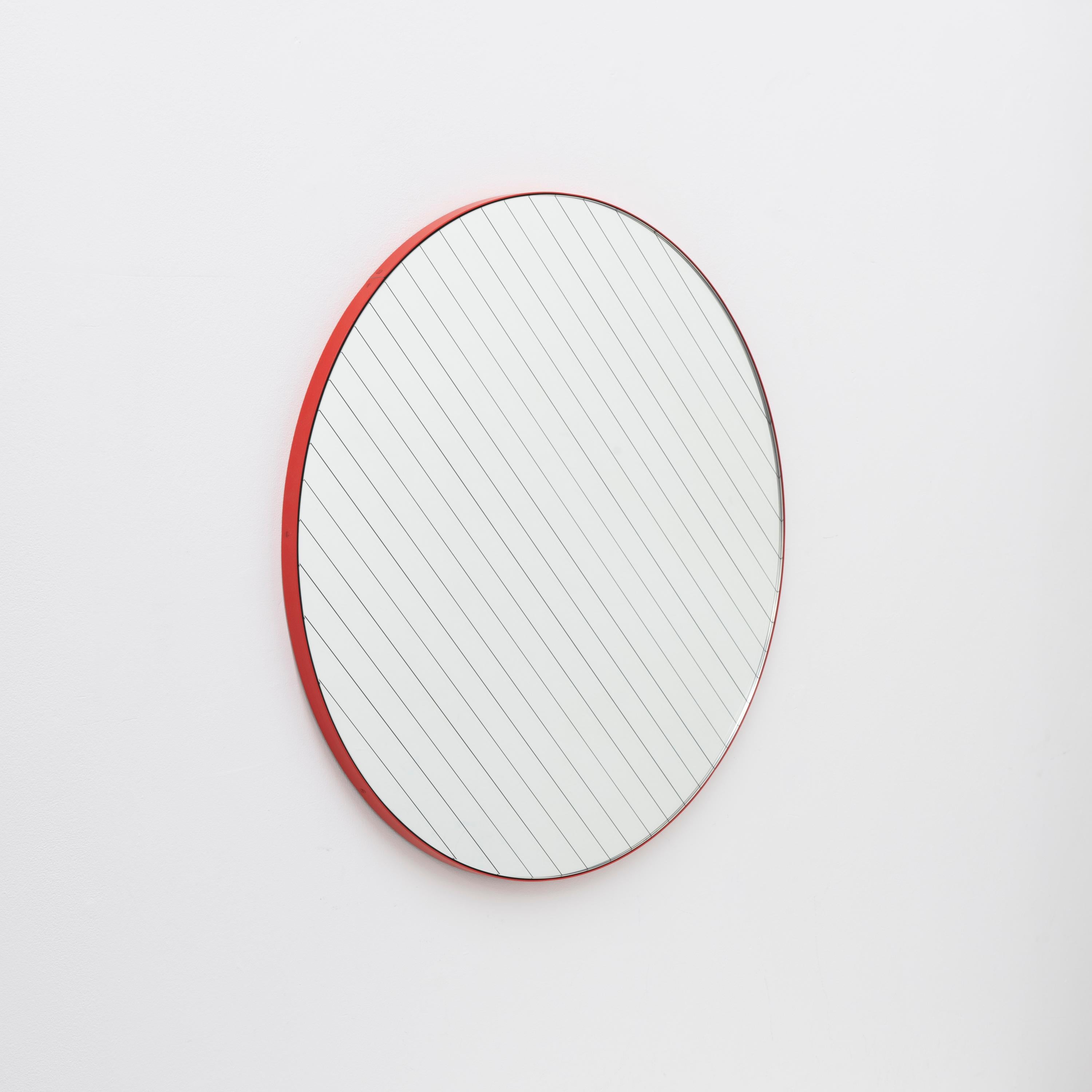 Orbis Linus Round Contemporary Mirror with Etched Strips and Red Frame