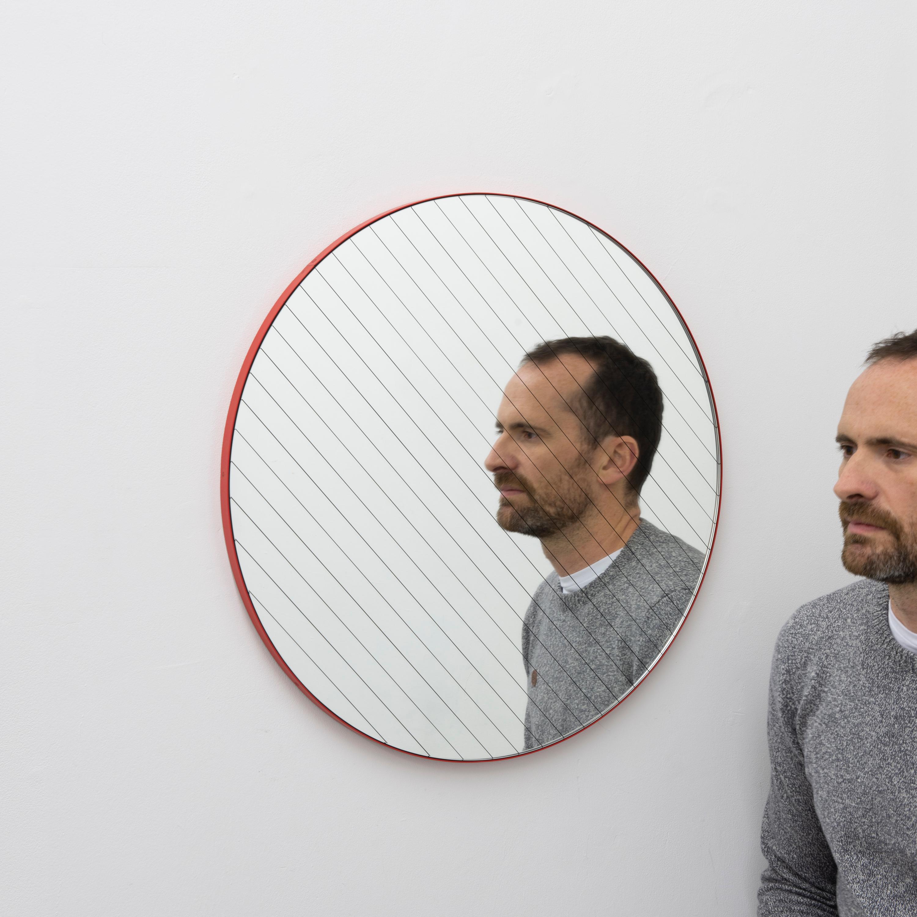 Powder-Coated Orbis Linus Round Modern Mirror with Sandblasted Strips and Red Frame, Medium