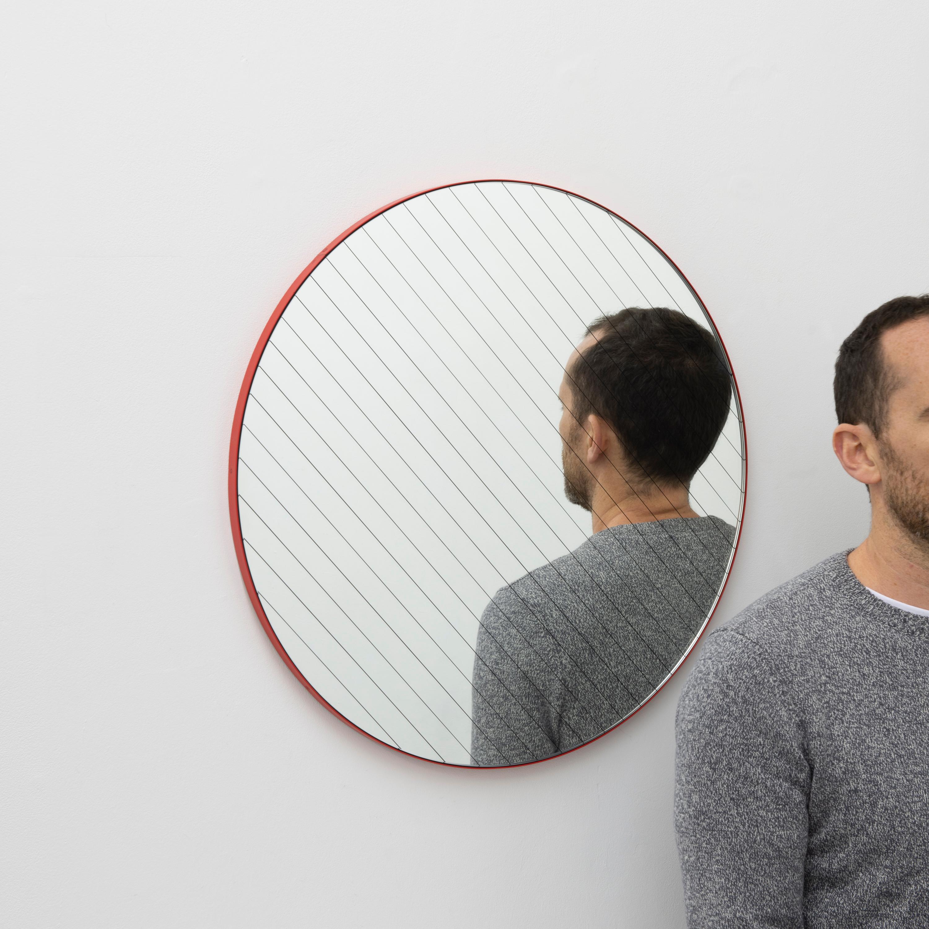 Contemporary Orbis Linus Round Modern Mirror with Sandblasted Strips and Red Frame, Medium