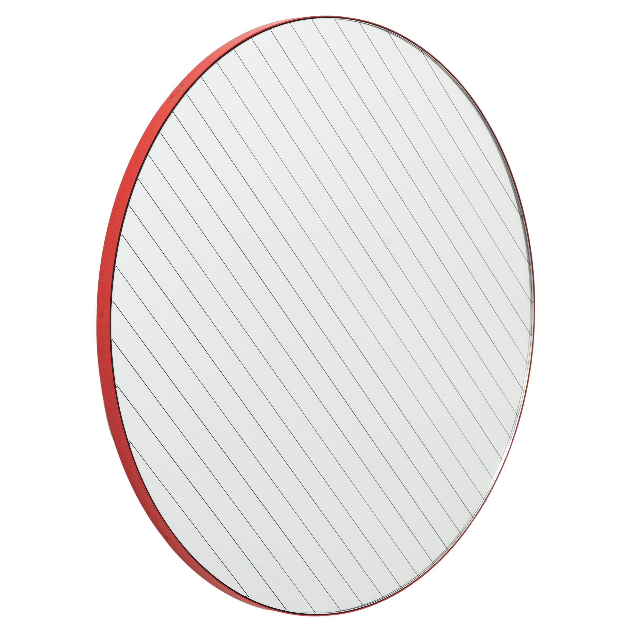 Orbis Linus Round Modern Mirror with Sandblasted Strips and Red Frame, Medium