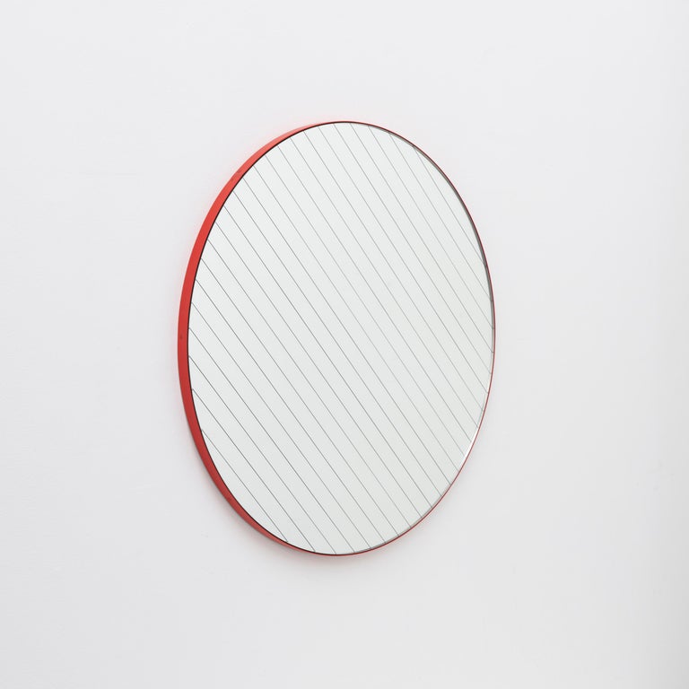 Orbis Linus Round Contemporary Mirror with Etched Strips and Red Frame