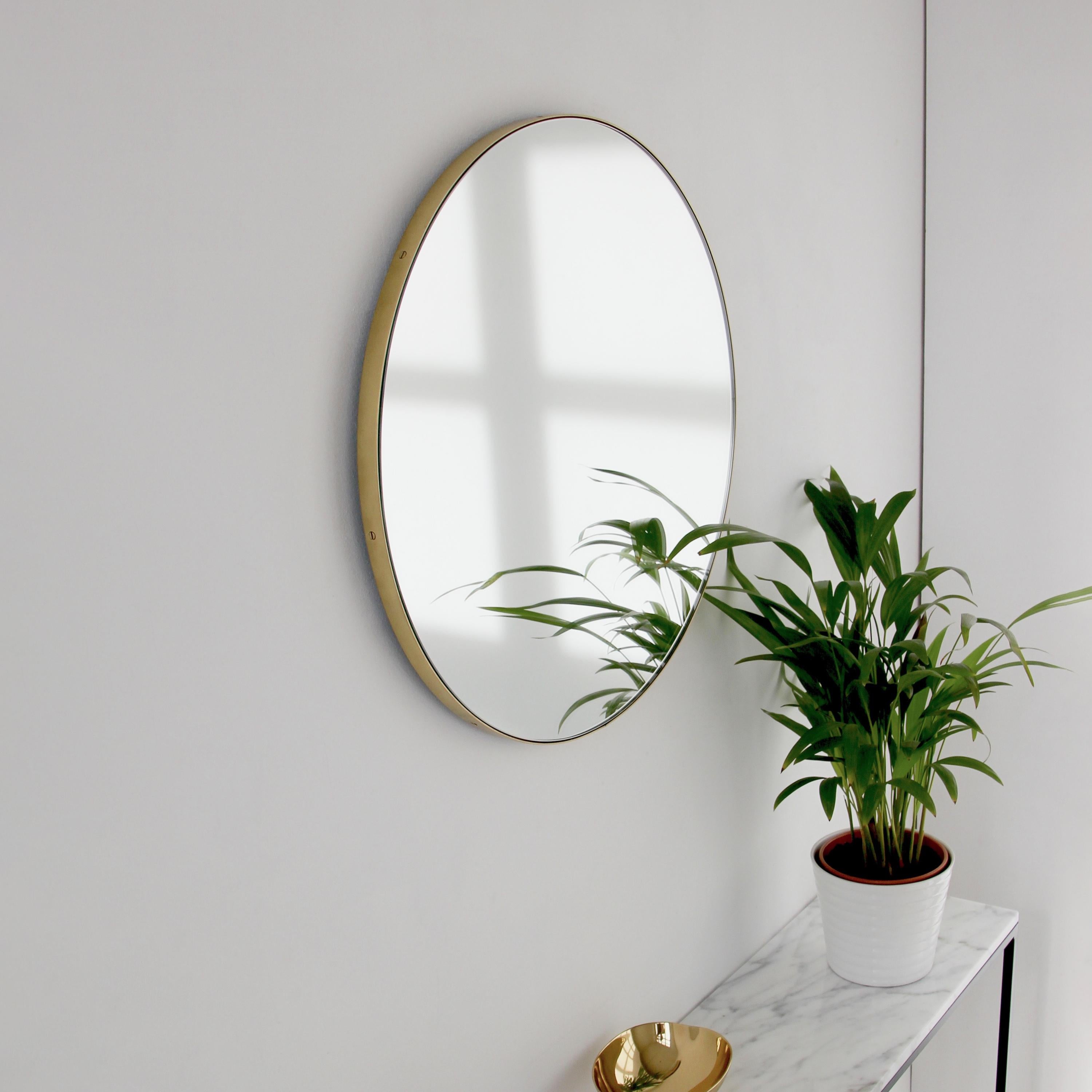 Brushed Orbis Minimalist Round Mirror with a Brass Frame, Large For Sale